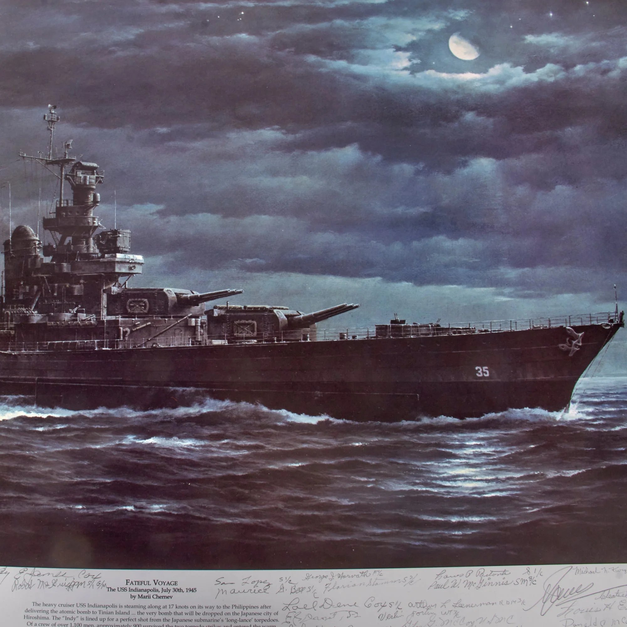 Original Signed Limited Edition Print: 'Fateful Voyage: The U.S.S. Indianapolis, July 30th, 1945' by Marii Chernev Signed by 41 Survivors of the Sinking - 76/500 - 27 x 36' — image 12