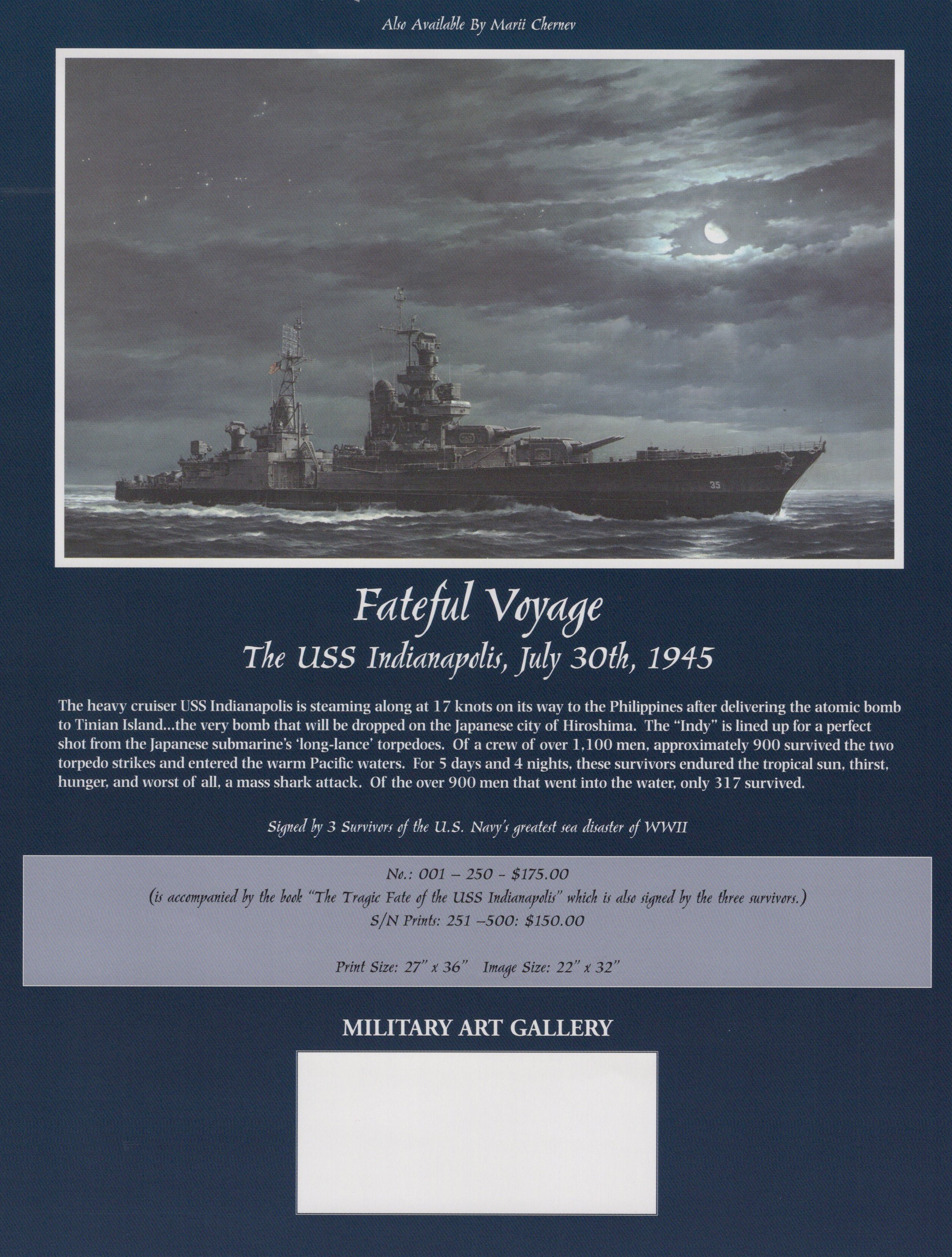 Original Signed Limited Edition Print: 'Fateful Voyage: The U.S.S. Indianapolis, July 30th, 1945' by Marii Chernev Signed by 41 Survivors of the Sinking - 76/500 - 27 x 36' — image 13