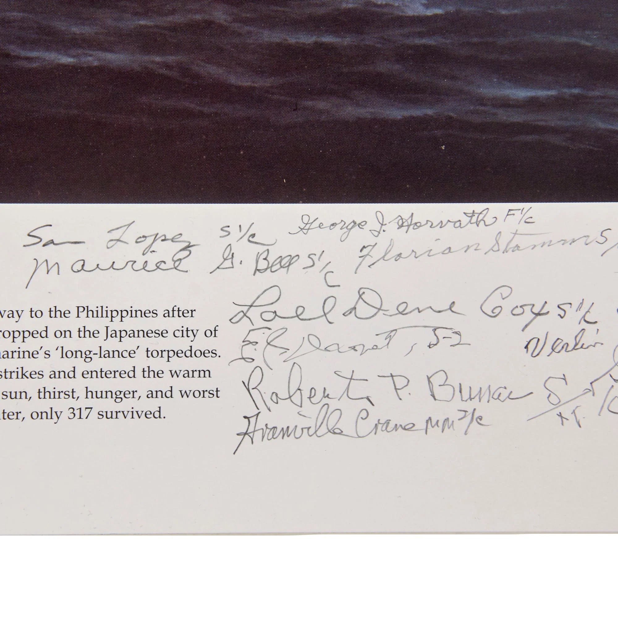 Original Signed Limited Edition Print: 'Fateful Voyage: The U.S.S. Indianapolis, July 30th, 1945' by Marii Chernev Signed by 41 Survivors of the Sinking - 76/500 - 27 x 36' — image 3