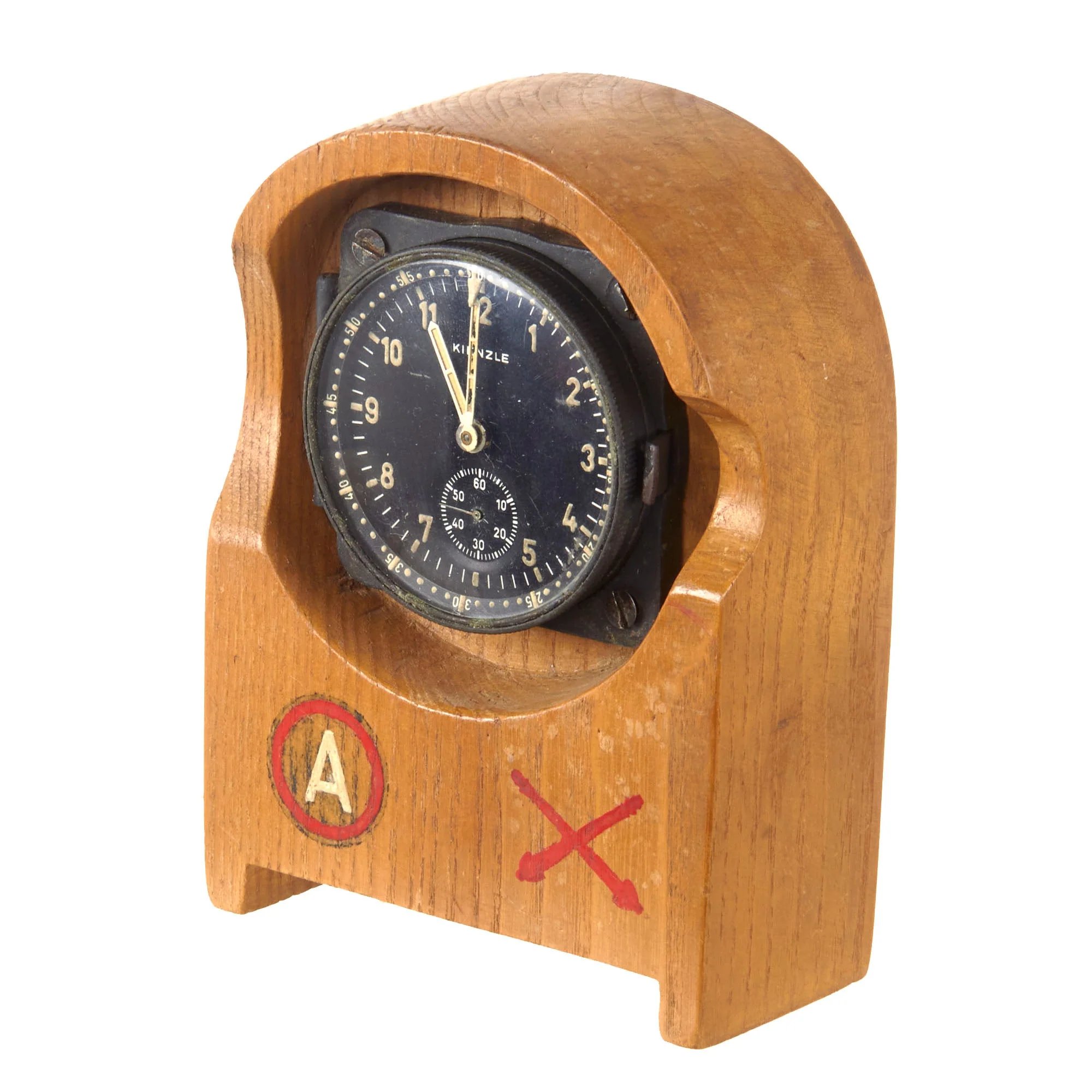 Original German WWII Luftwaffe BoUK2 Eight-Day Clock for Heinkel HE 111 by Kienzle Mounted in Named G.I. Souvenir Stand - Lt. L.D. Curley - Non-Functional — image 2