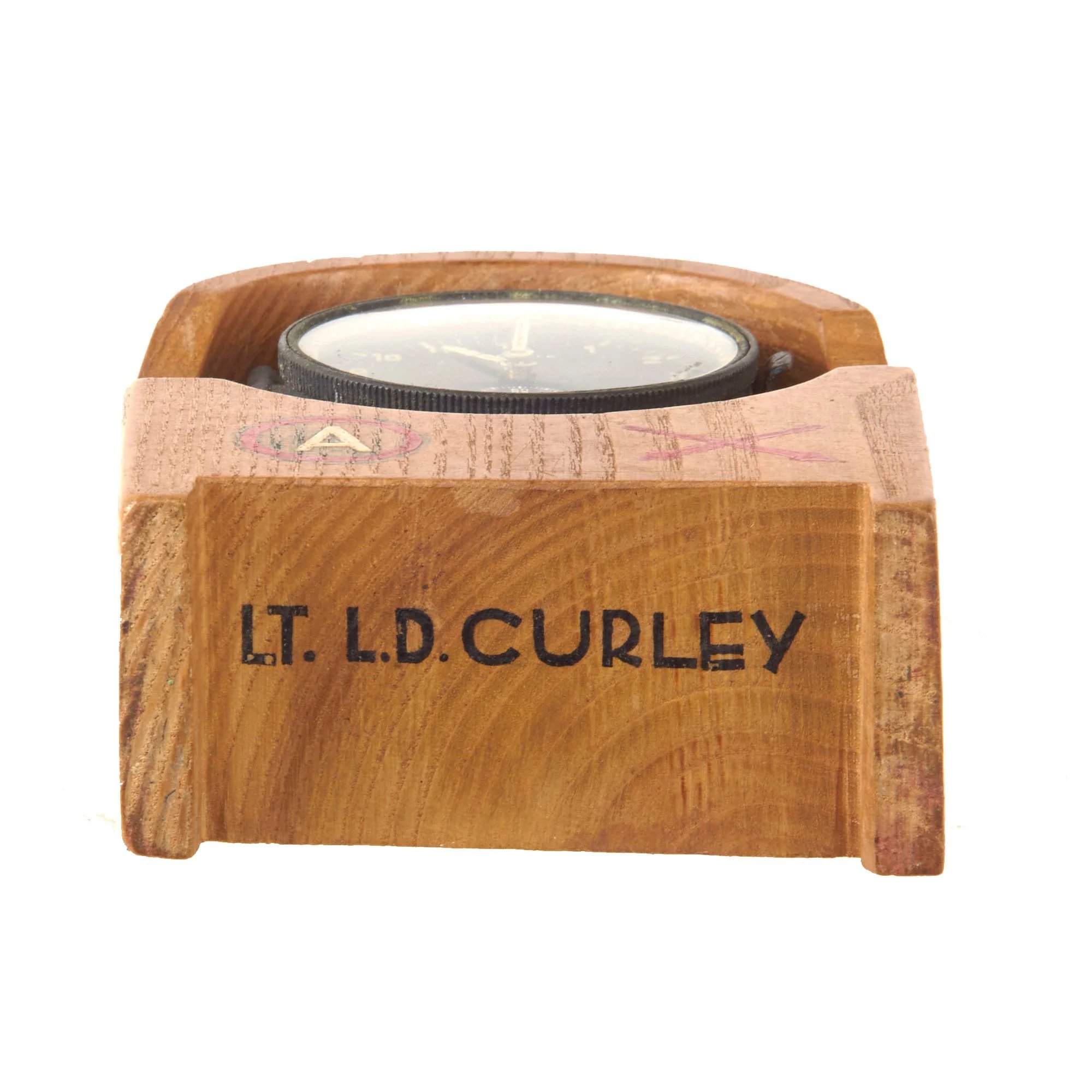 Original German WWII Luftwaffe BoUK2 Eight-Day Clock for Heinkel HE 111 by Kienzle Mounted in Named G.I. Souvenir Stand - Lt. L.D. Curley - Non-Functional — image 9