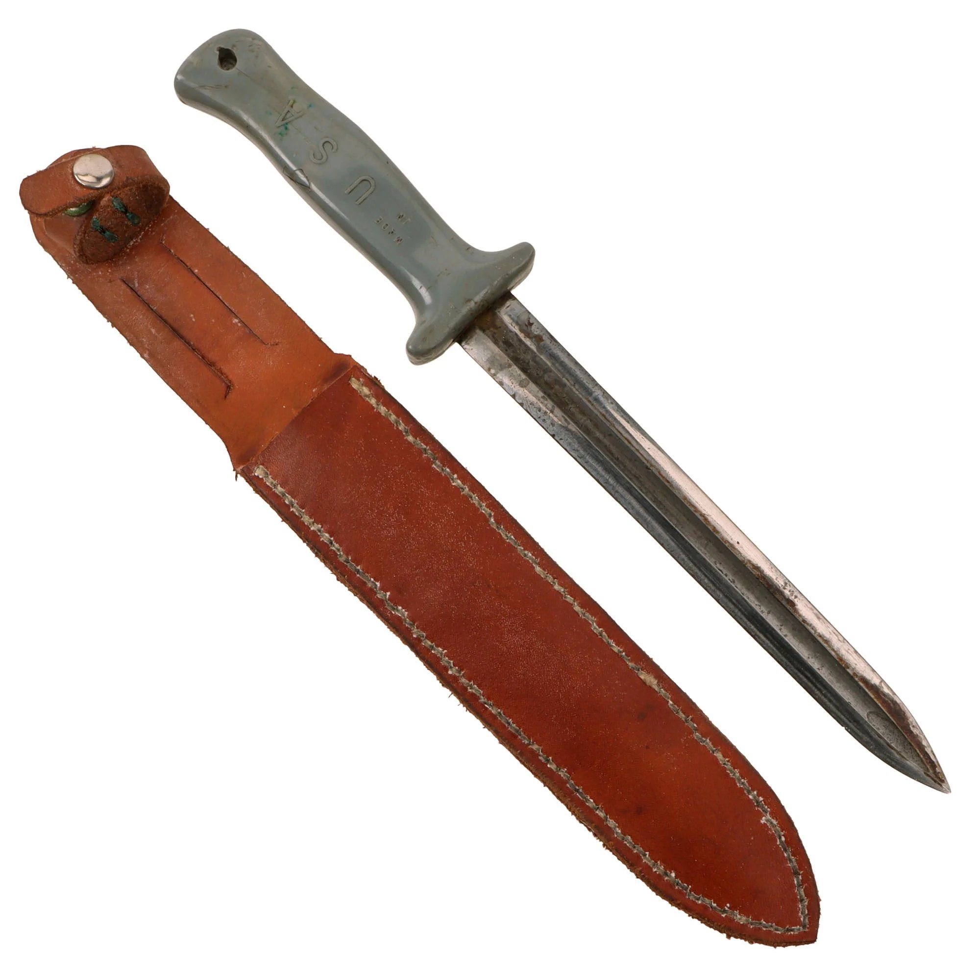 Original U.S. WWII Cut Down M1913 'Patton' Saber Fighting Knife by the Anderson Knife Company of Glendale, California with Leather Sheath - From Collection of American Edged Weapon Museum — image 2