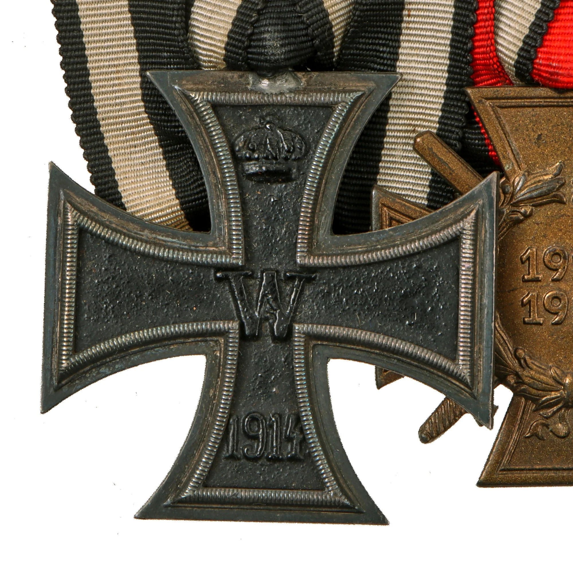 Original German WWI & WWII Medal Bar Featuring Iron Cross 1914 2nd Class & 18 Year Police Service Medal - 4 Total Medals — image 2