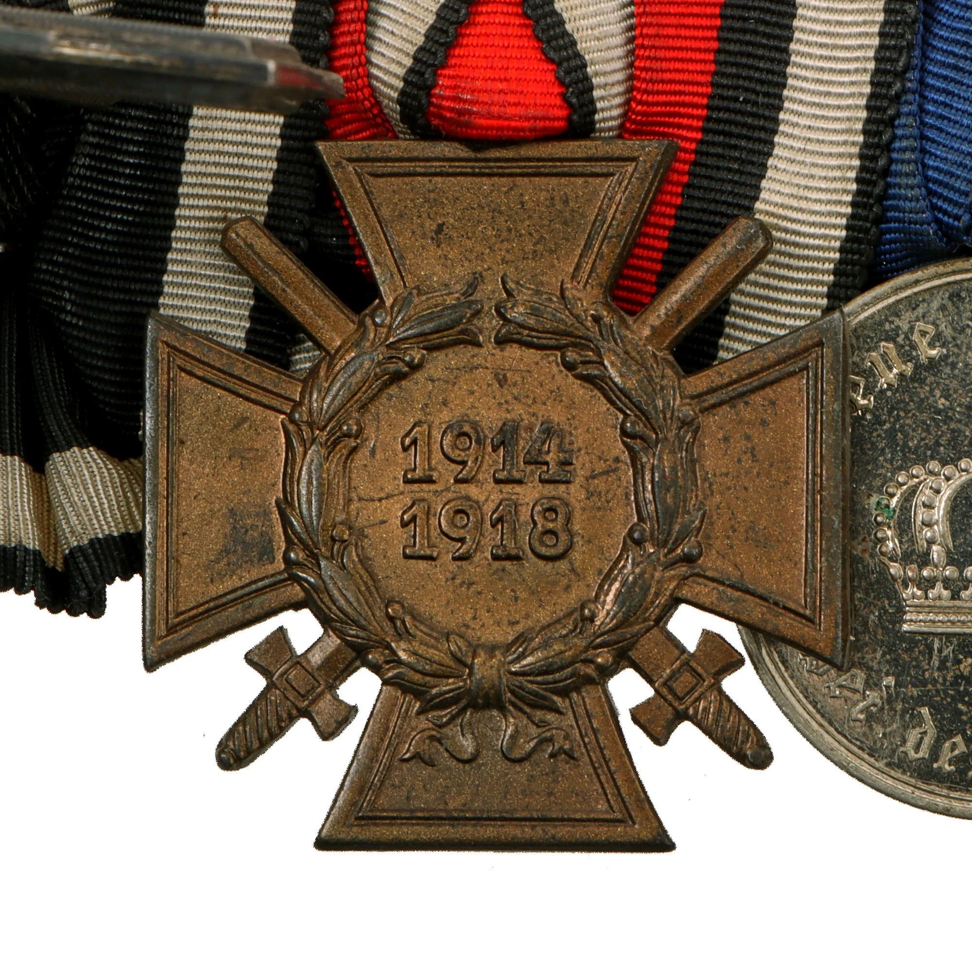 Original German WWI & WWII Medal Bar Featuring Iron Cross 1914 2nd Class & 18 Year Police Service Medal - 4 Total Medals — image 3