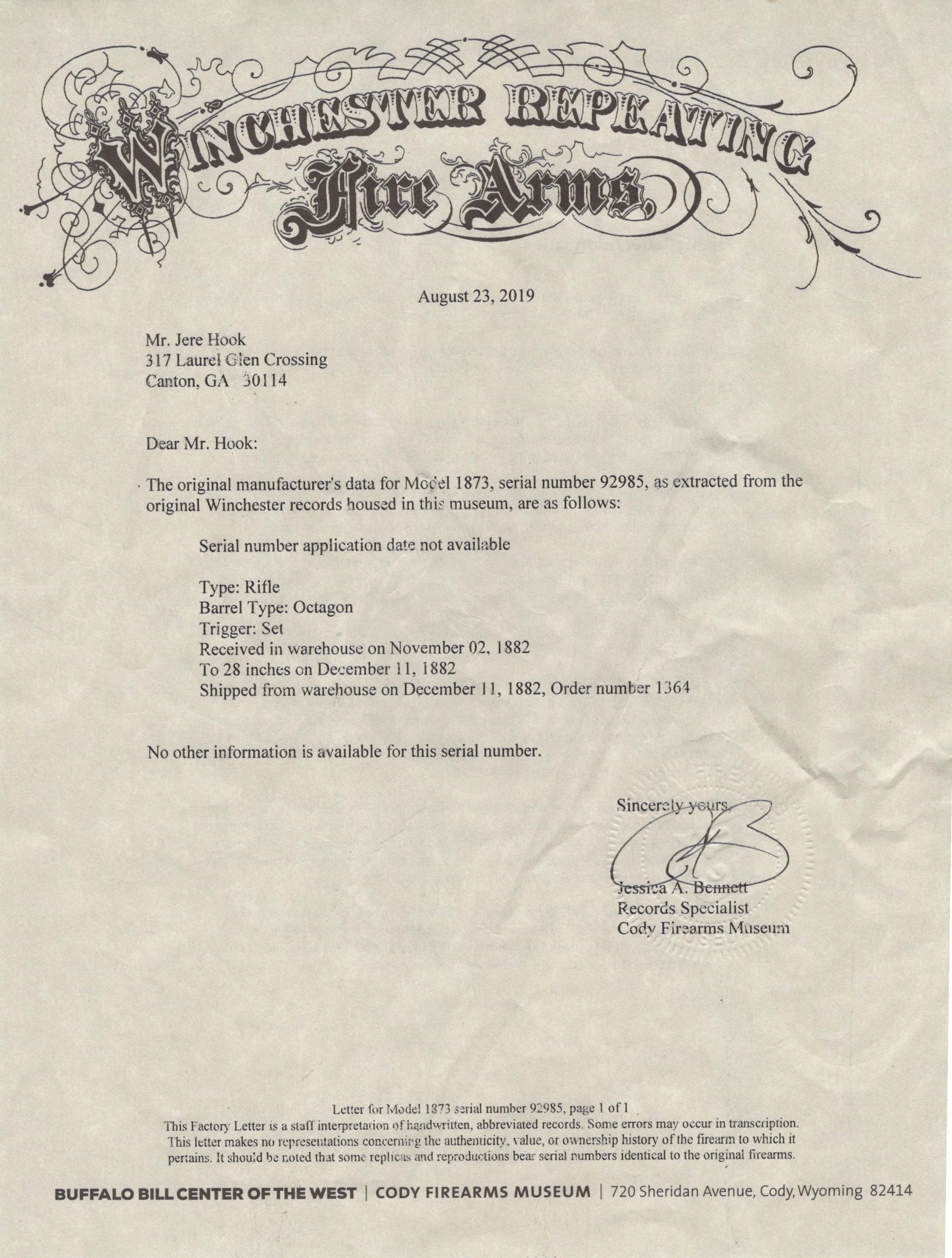 Original U.S. Winchester Model 1873 .44-40 Rifle Made in 1882 with Shortened 26' Octagon Barrel, Set Trigger, and Factory Letter - Serial 92985A — image 10