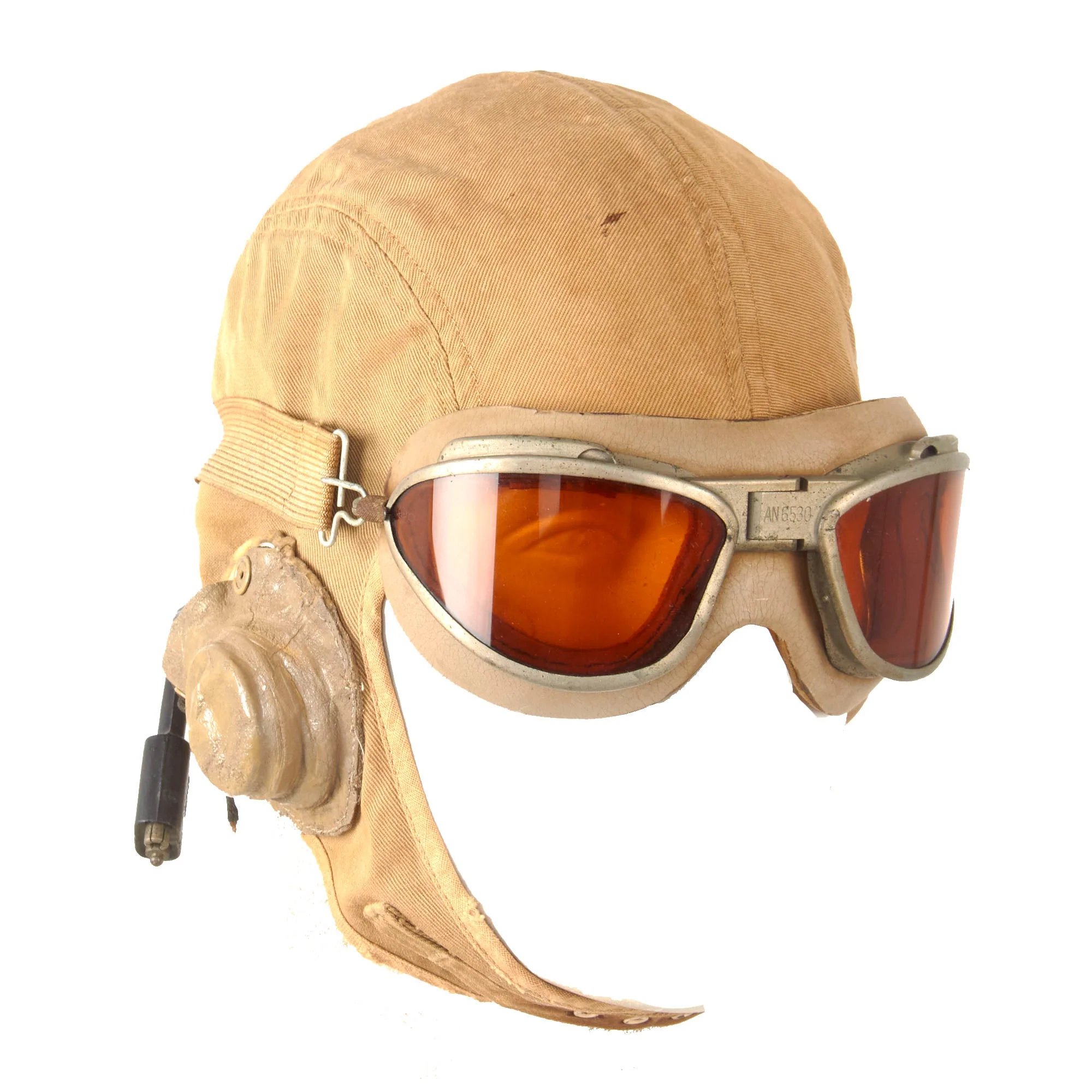 Original U.S. WWII USN / USMC NAF 1092S Cloth Flight Helmet by Beck with TH-37 Earphones and AN-6530 Goggles — image 2
