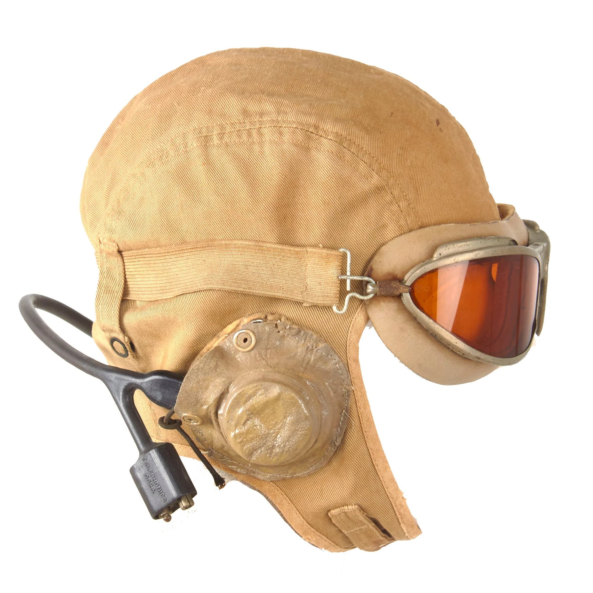 Original U.S. WWII USN / USMC NAF 1092S Cloth Flight Helmet by Beck with TH-37 Earphones and AN-6530 Goggles — image 3