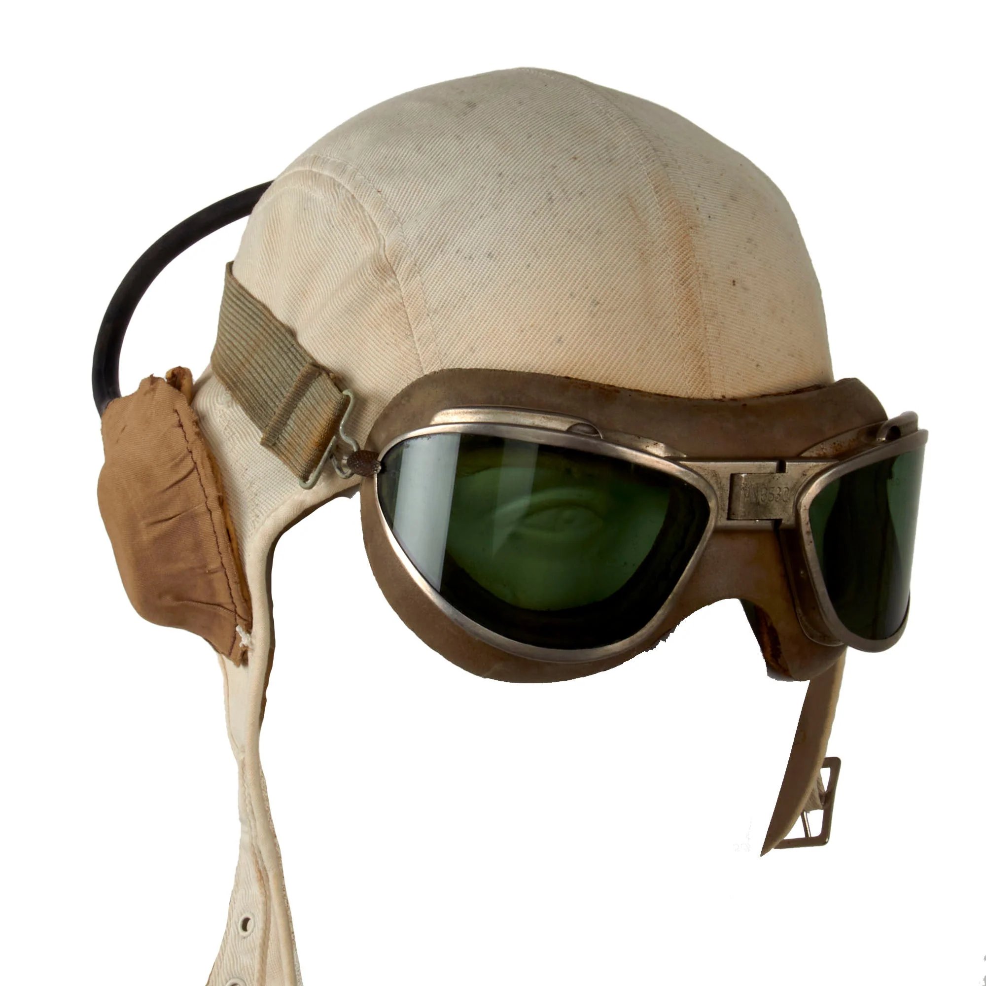 Original U.S. WWII Named Early War Navy USMC White Summer Flight Helmet with Installed TH-37 Earphones & AN-6530 Goggles - Joseph Earl Orwig — image 3