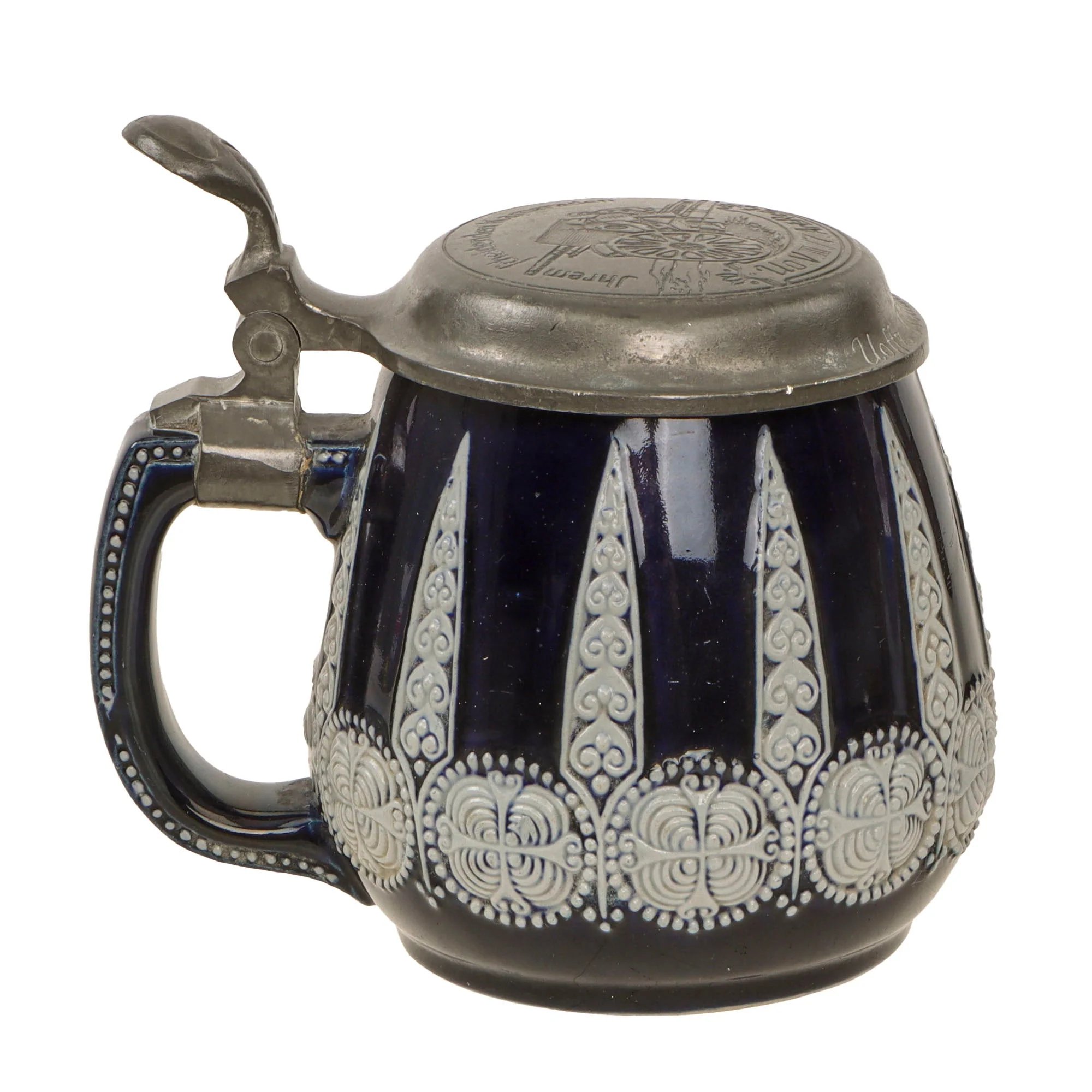 Original German WWII Salt Glaze Beer Stein with Named Hinged Lid & Field Cannon Motif by Strahlein of Nurnberg - Field Artillery — image 2