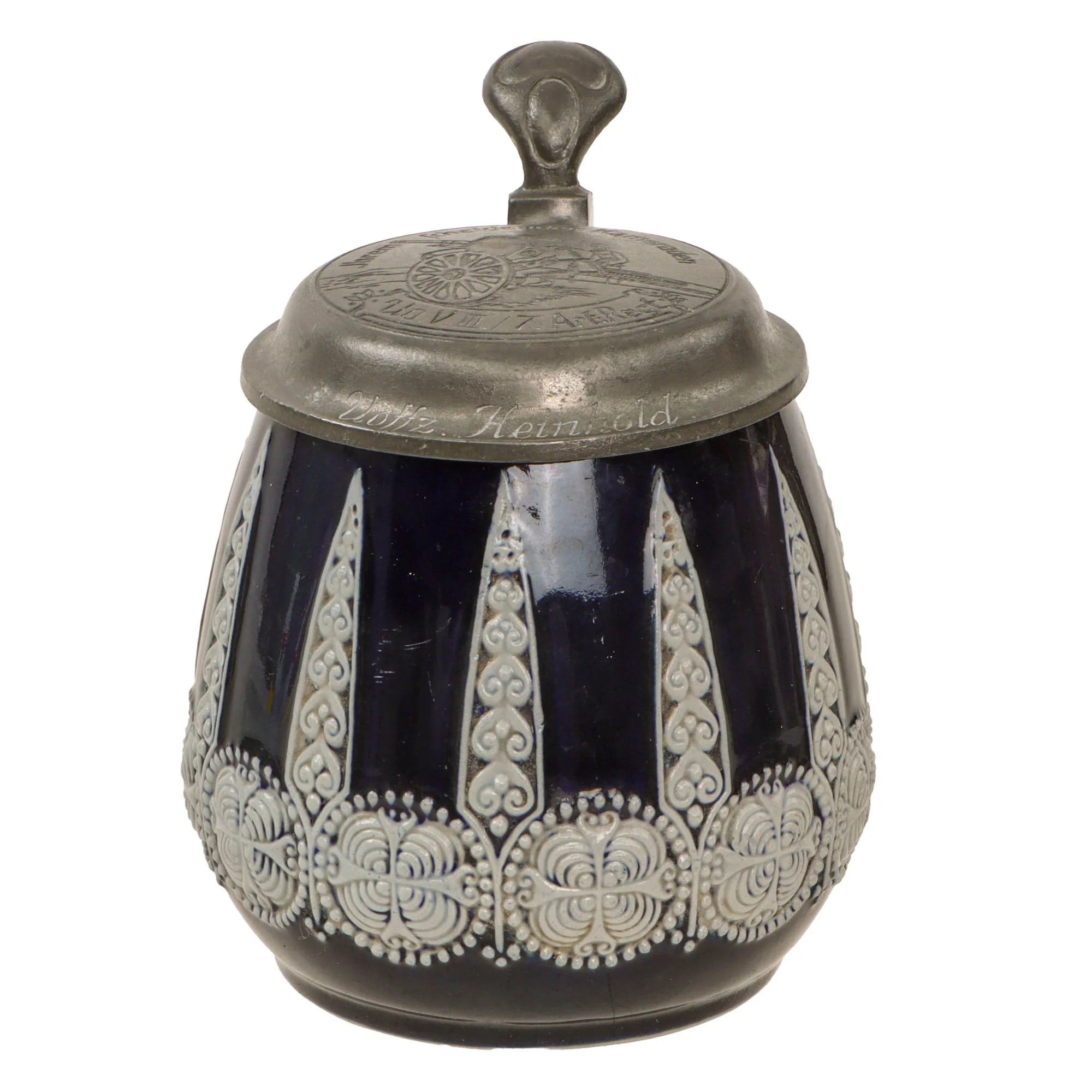 Original German WWII Salt Glaze Beer Stein with Named Hinged Lid & Field Cannon Motif by Strahlein of Nurnberg - Field Artillery — image 3