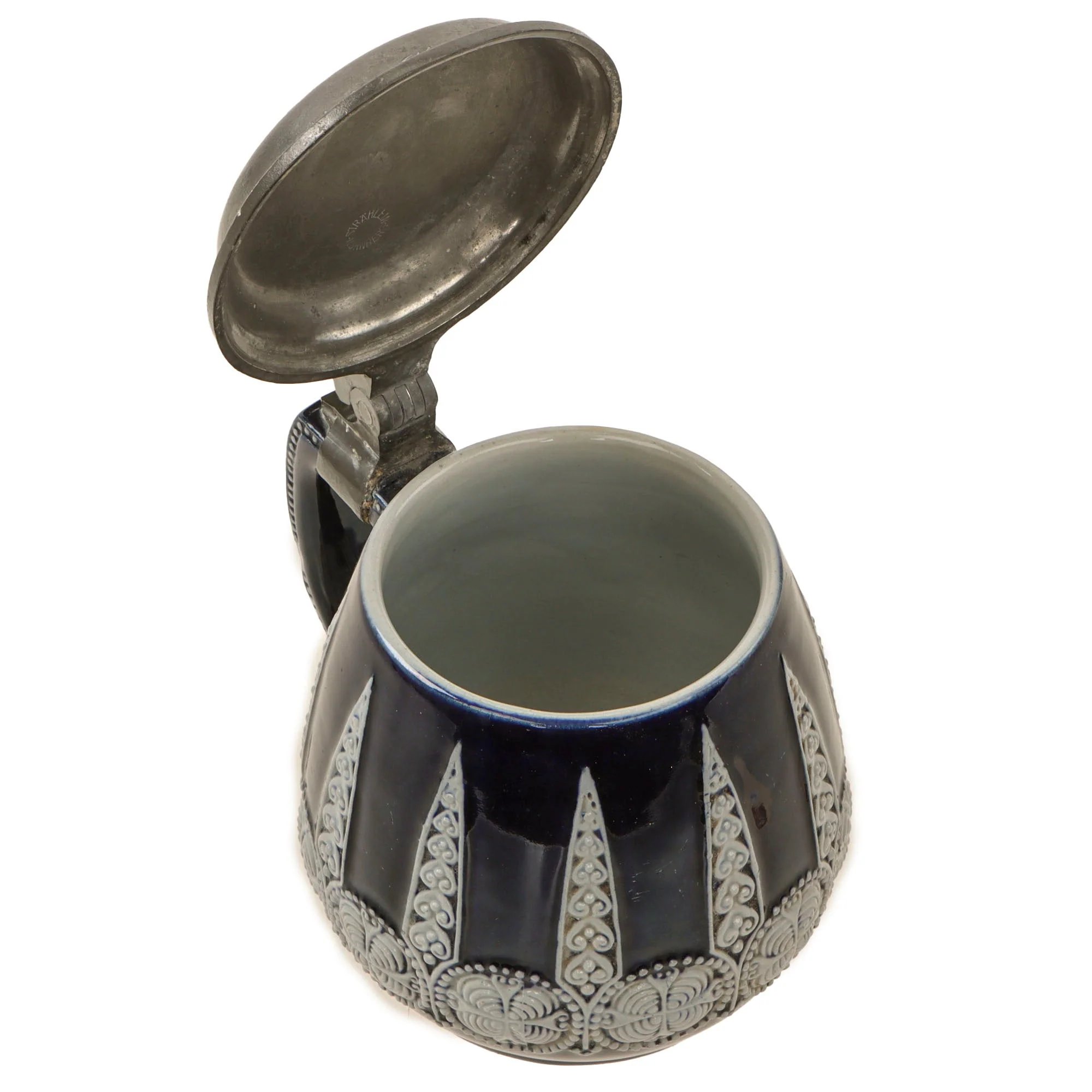 Original German WWII Salt Glaze Beer Stein with Named Hinged Lid & Field Cannon Motif by Strahlein of Nurnberg - Field Artillery — image 4