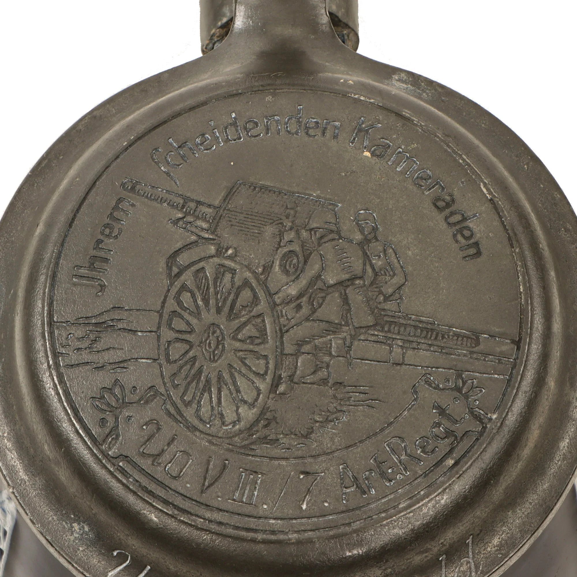 Original German WWII Salt Glaze Beer Stein with Named Hinged Lid & Field Cannon Motif by Strahlein of Nurnberg - Field Artillery — image 5