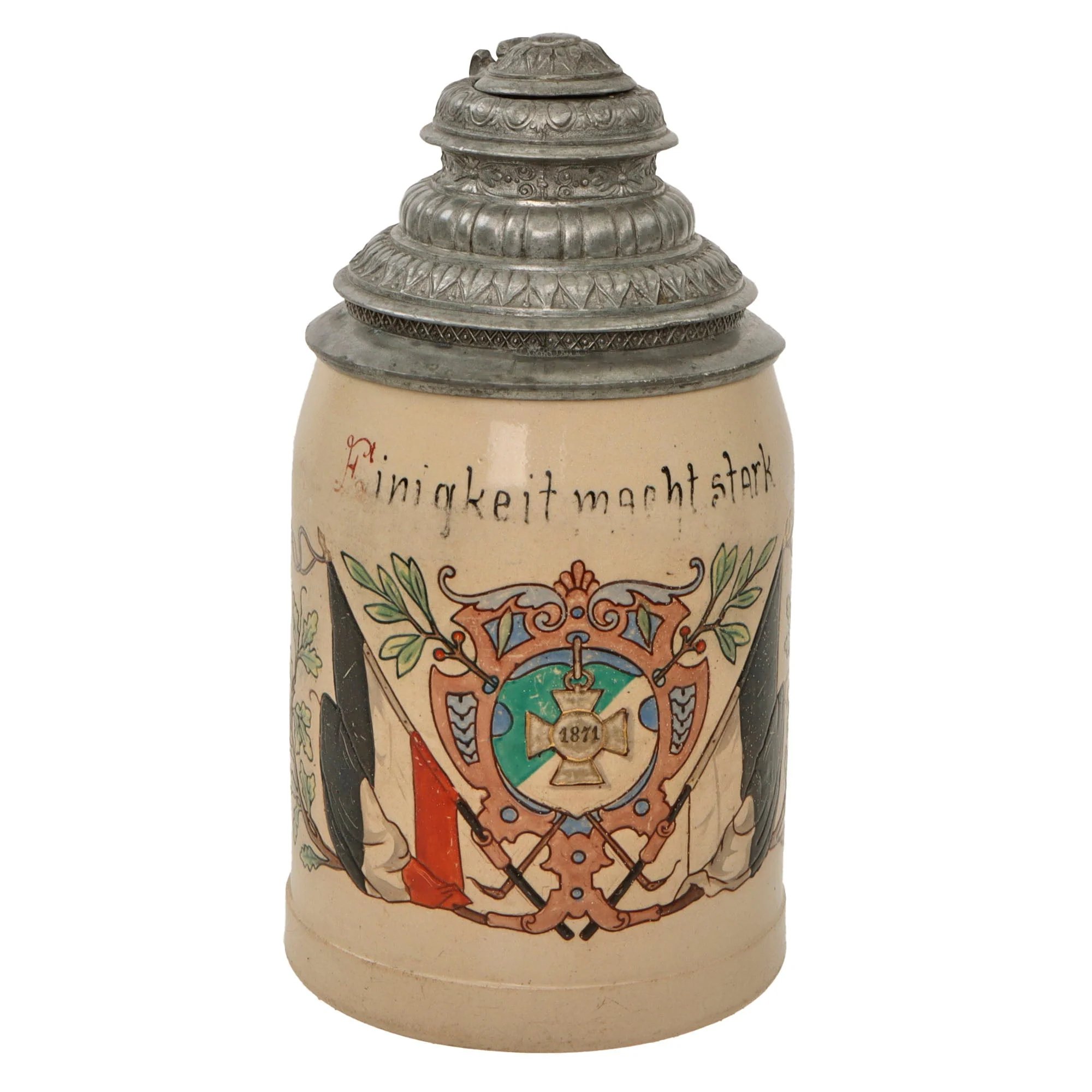 Original Imperial German Franco-Prussian War 1871 Lidded Beer Stein - 'Unity is Strength' - Damage to Lid — image 2