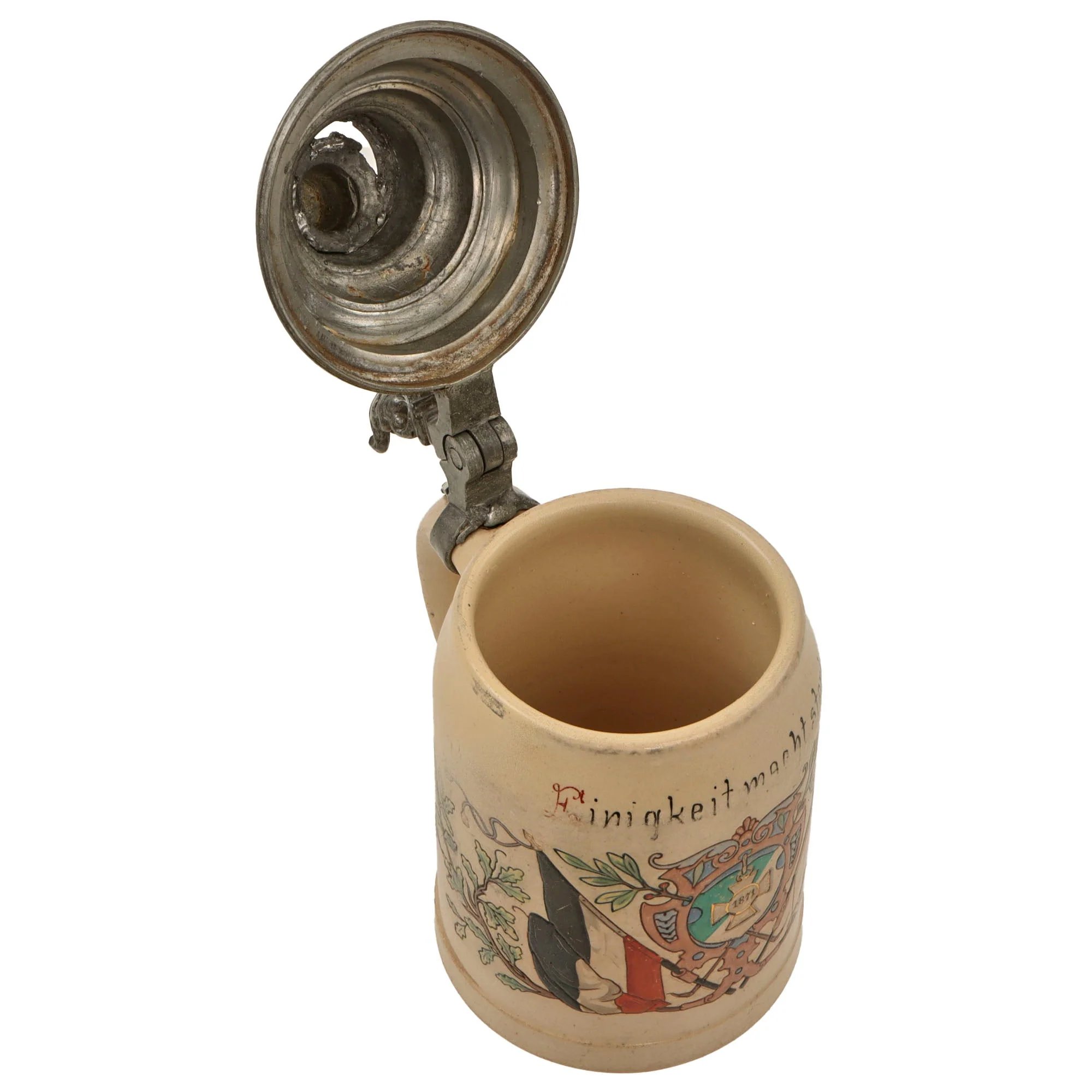 Original Imperial German Franco-Prussian War 1871 Lidded Beer Stein - 'Unity is Strength' - Damage to Lid — image 4