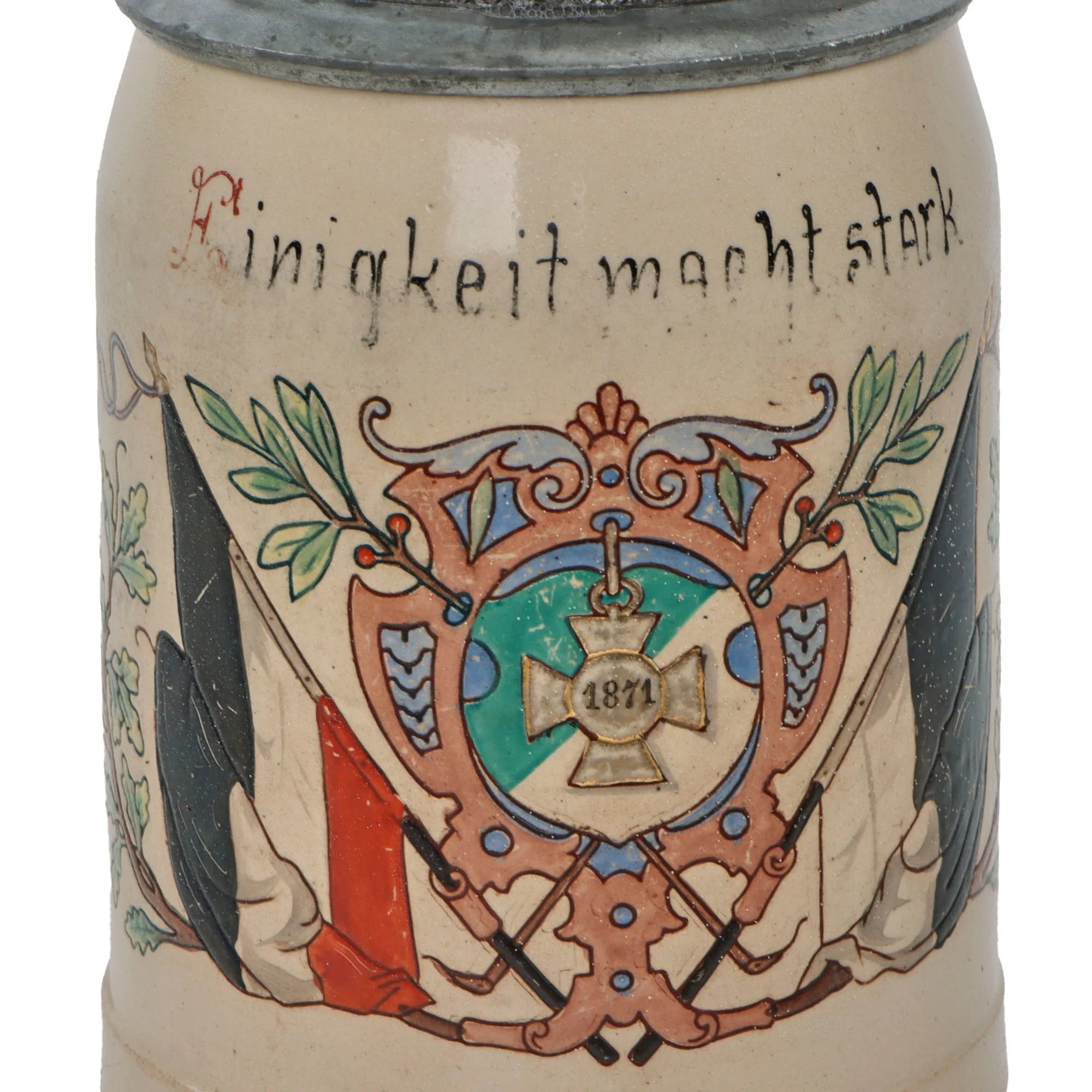 Original Imperial German Franco-Prussian War 1871 Lidded Beer Stein - 'Unity is Strength' - Damage to Lid — image 5