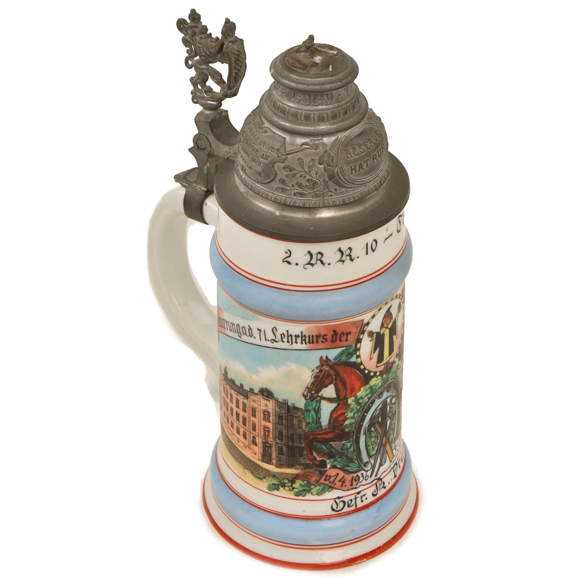 Original German Pre-WWII Veterinary Unit Beer Stein with Depiction of Munich Maid & Damaged Hinged Lid - Dated 1936 — image 10