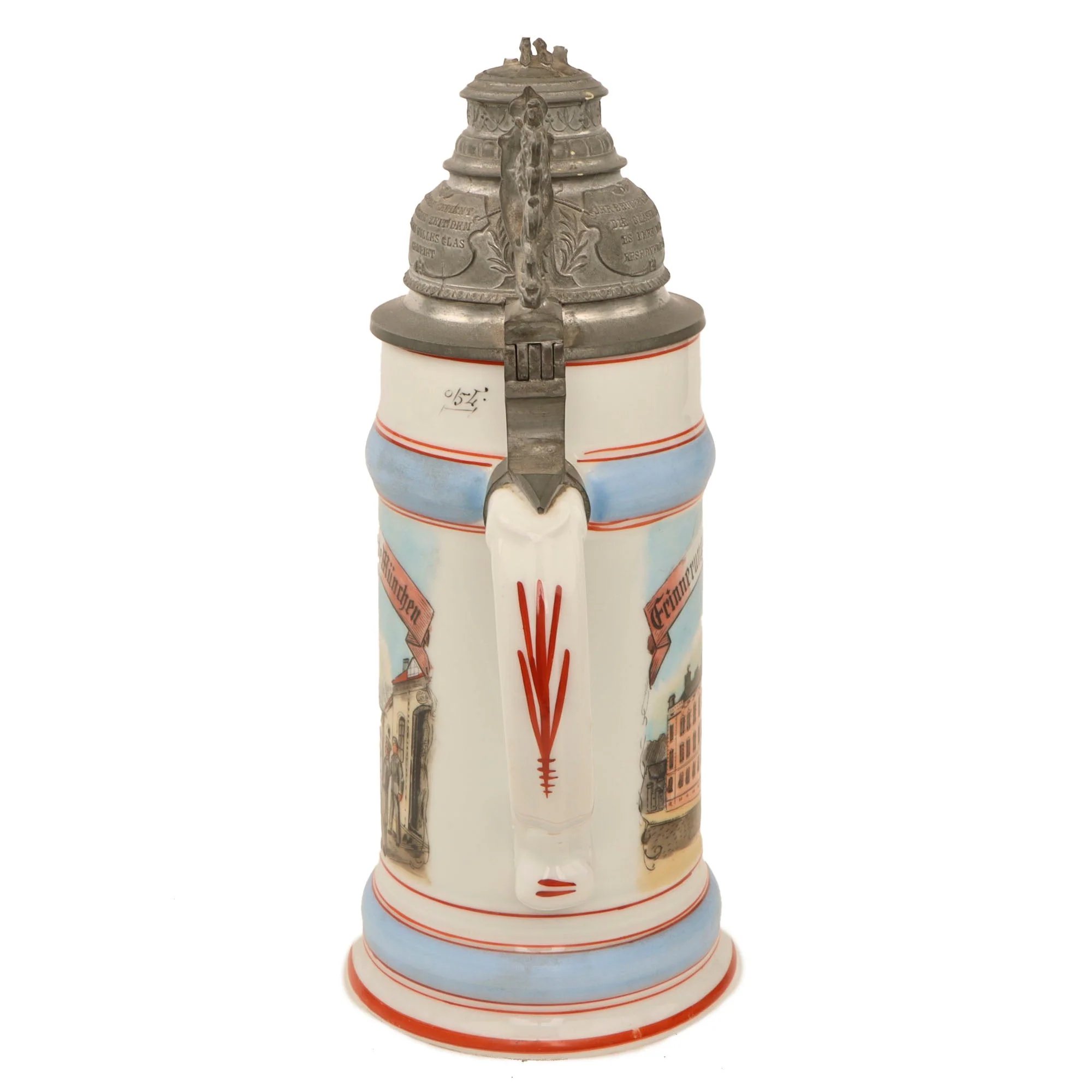 Original German Pre-WWII Veterinary Unit Beer Stein with Depiction of Munich Maid & Damaged Hinged Lid - Dated 1936 — image 11