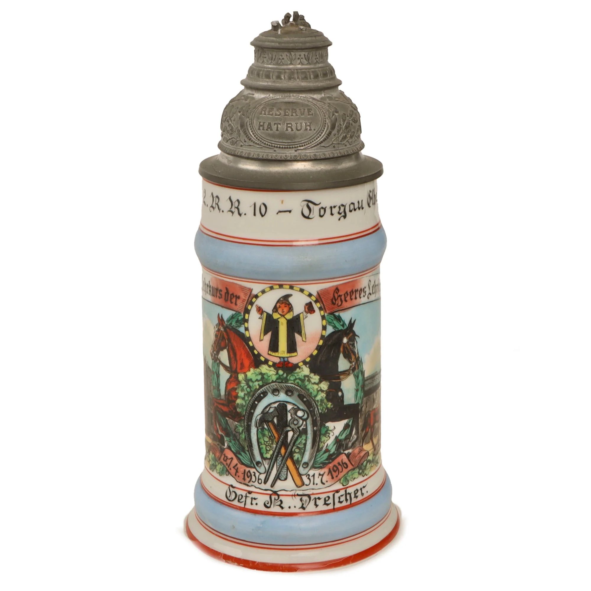 Original German Pre-WWII Veterinary Unit Beer Stein with Depiction of Munich Maid & Damaged Hinged Lid - Dated 1936 — image 2