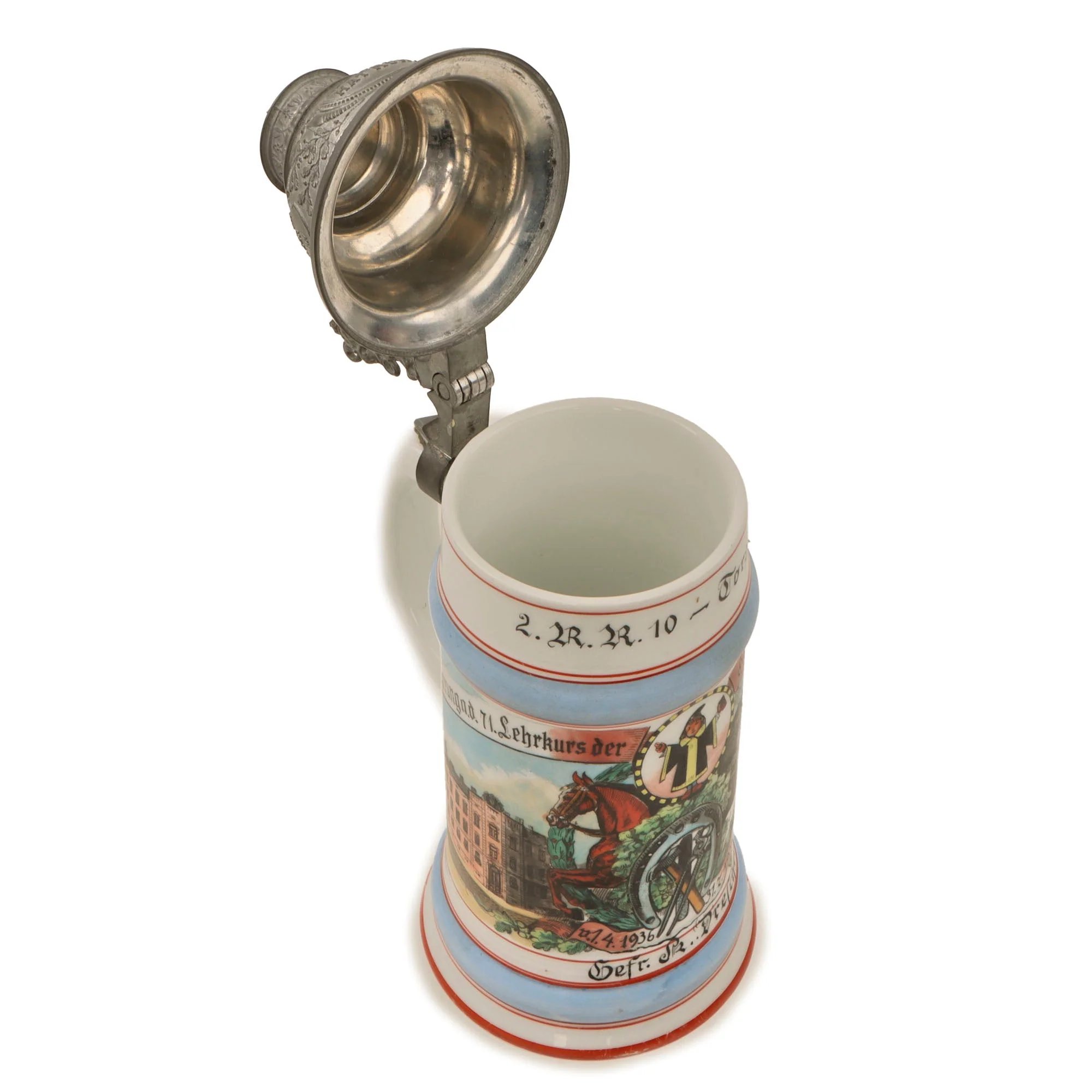 Original German Pre-WWII Veterinary Unit Beer Stein with Depiction of Munich Maid & Damaged Hinged Lid - Dated 1936 — image 3