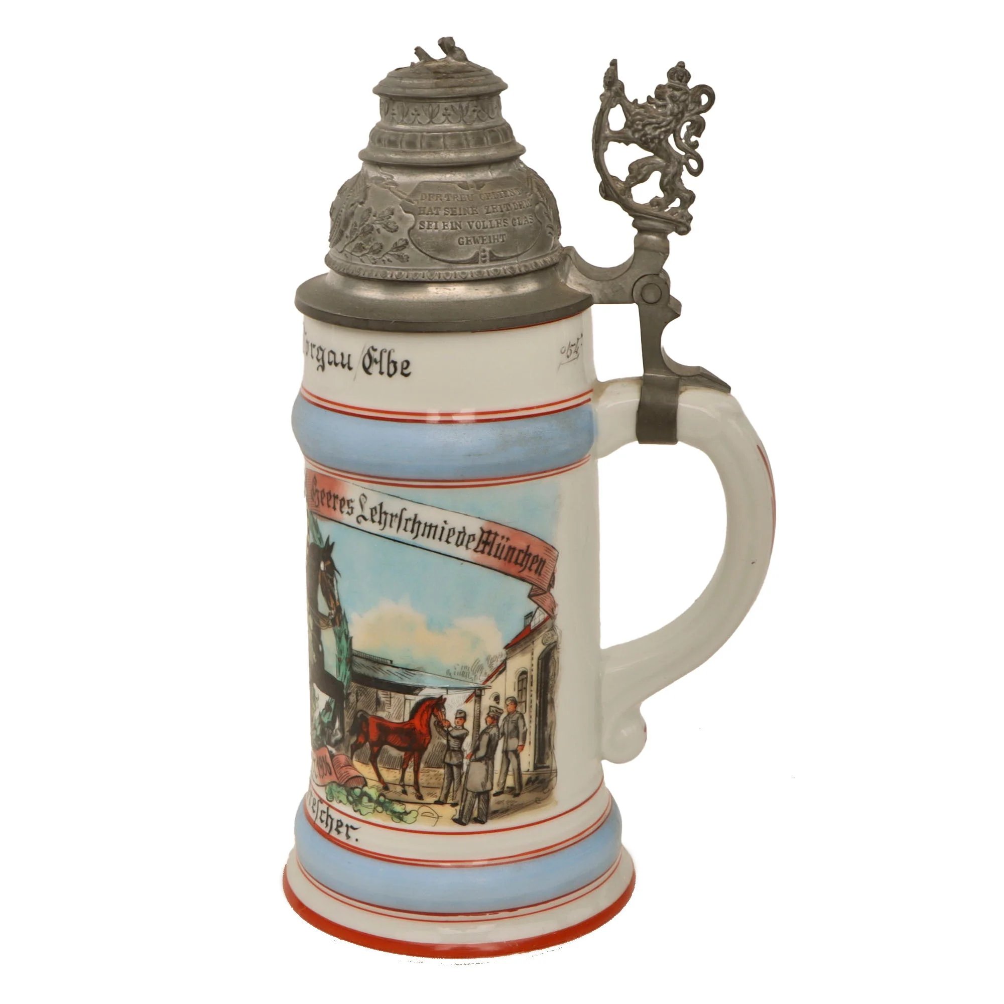 Original German Pre-WWII Veterinary Unit Beer Stein with Depiction of Munich Maid & Damaged Hinged Lid - Dated 1936 — image 4