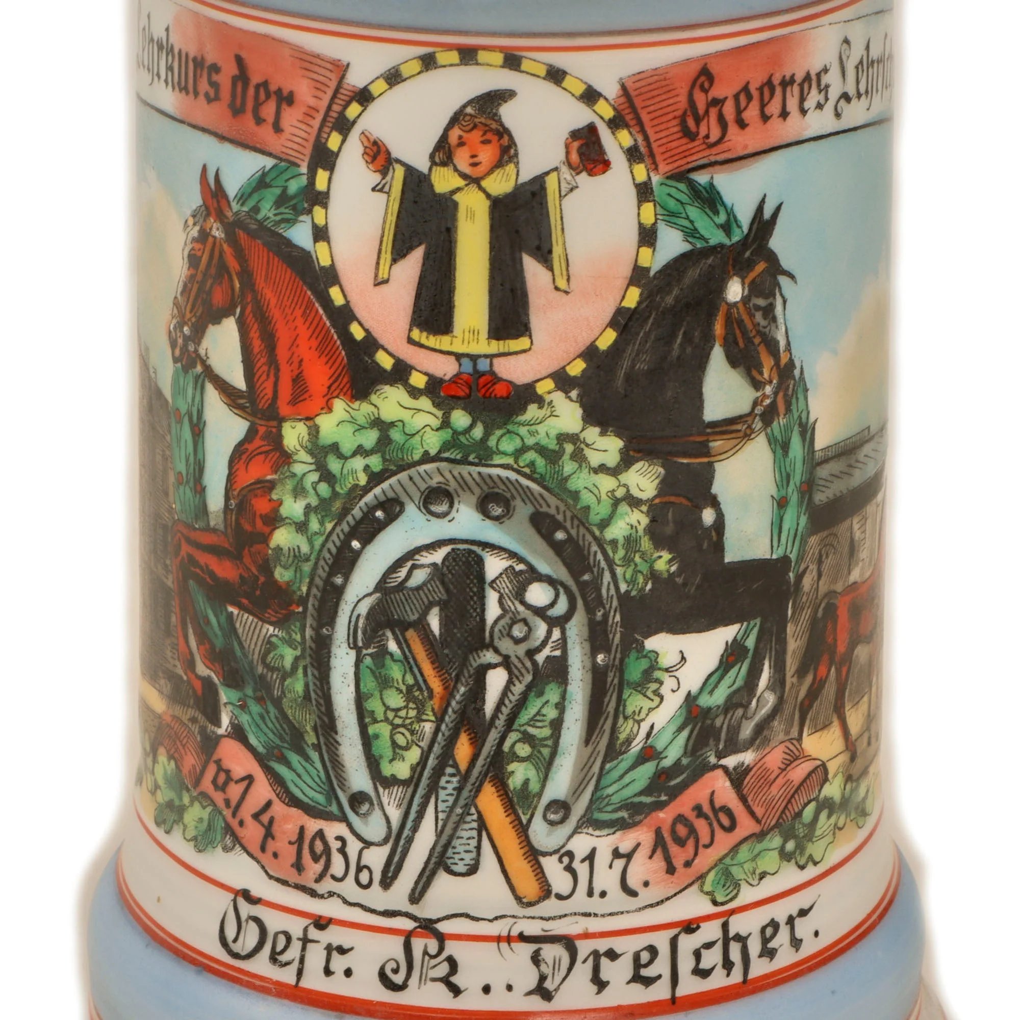 Original German Pre-WWII Veterinary Unit Beer Stein with Depiction of Munich Maid & Damaged Hinged Lid - Dated 1936 — image 5