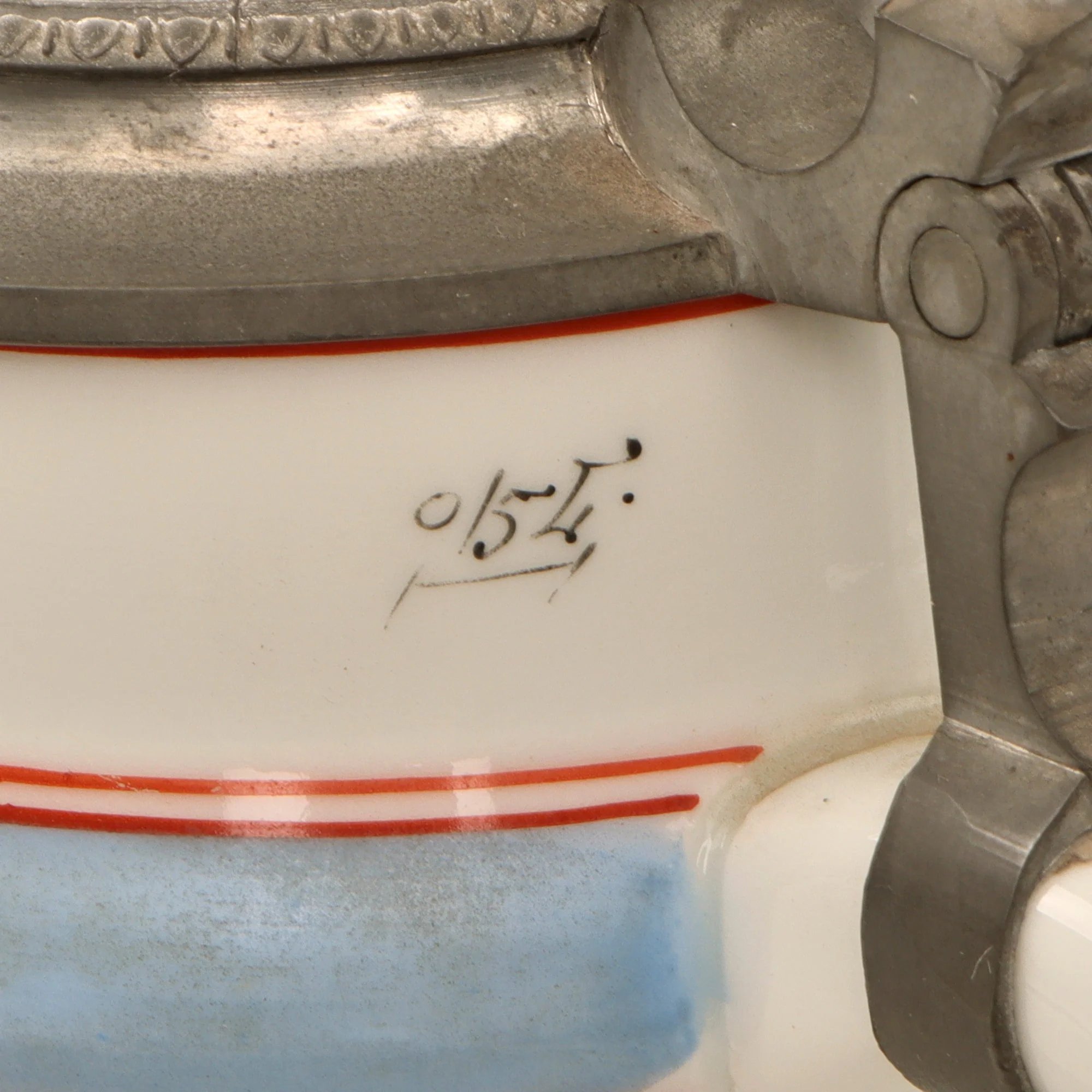 Original German Pre-WWII Veterinary Unit Beer Stein with Depiction of Munich Maid & Damaged Hinged Lid - Dated 1936 — image 7