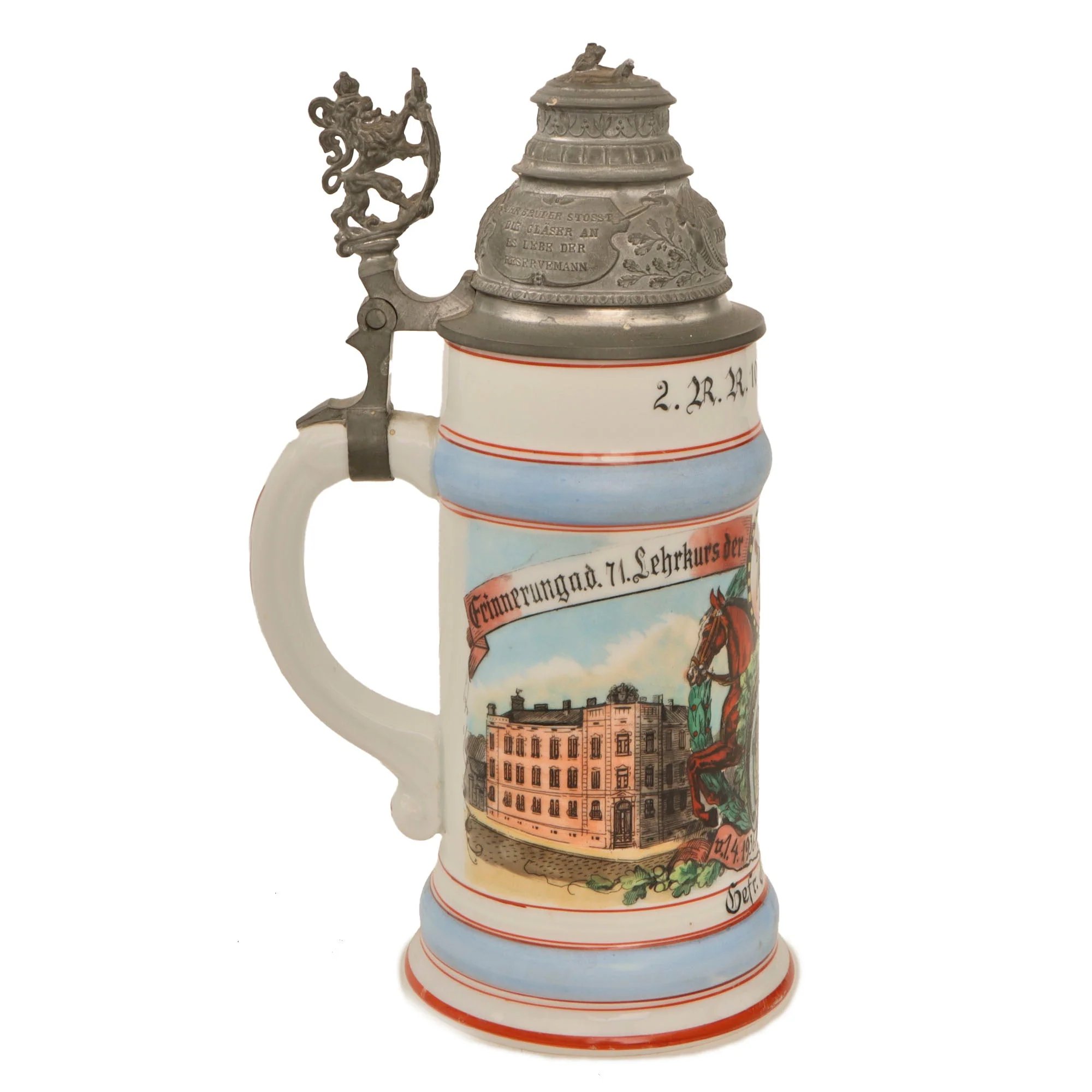 Original German Pre-WWII Veterinary Unit Beer Stein with Depiction of Munich Maid & Damaged Hinged Lid - Dated 1936 — image 9