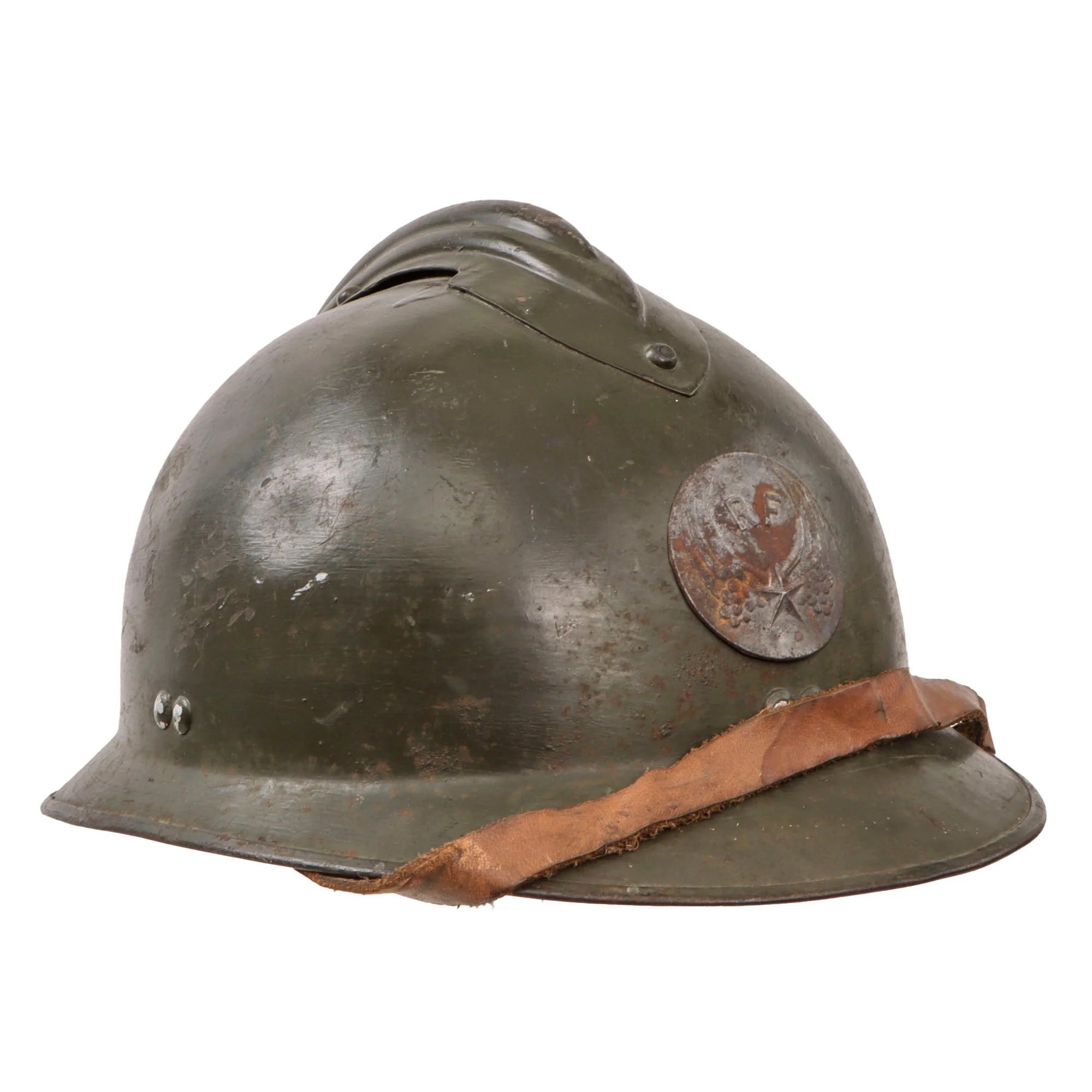 Original French WWII M1926 Adrian Helmet with Chinstrap & French Air Force Badge - Replacement Liner — image 4