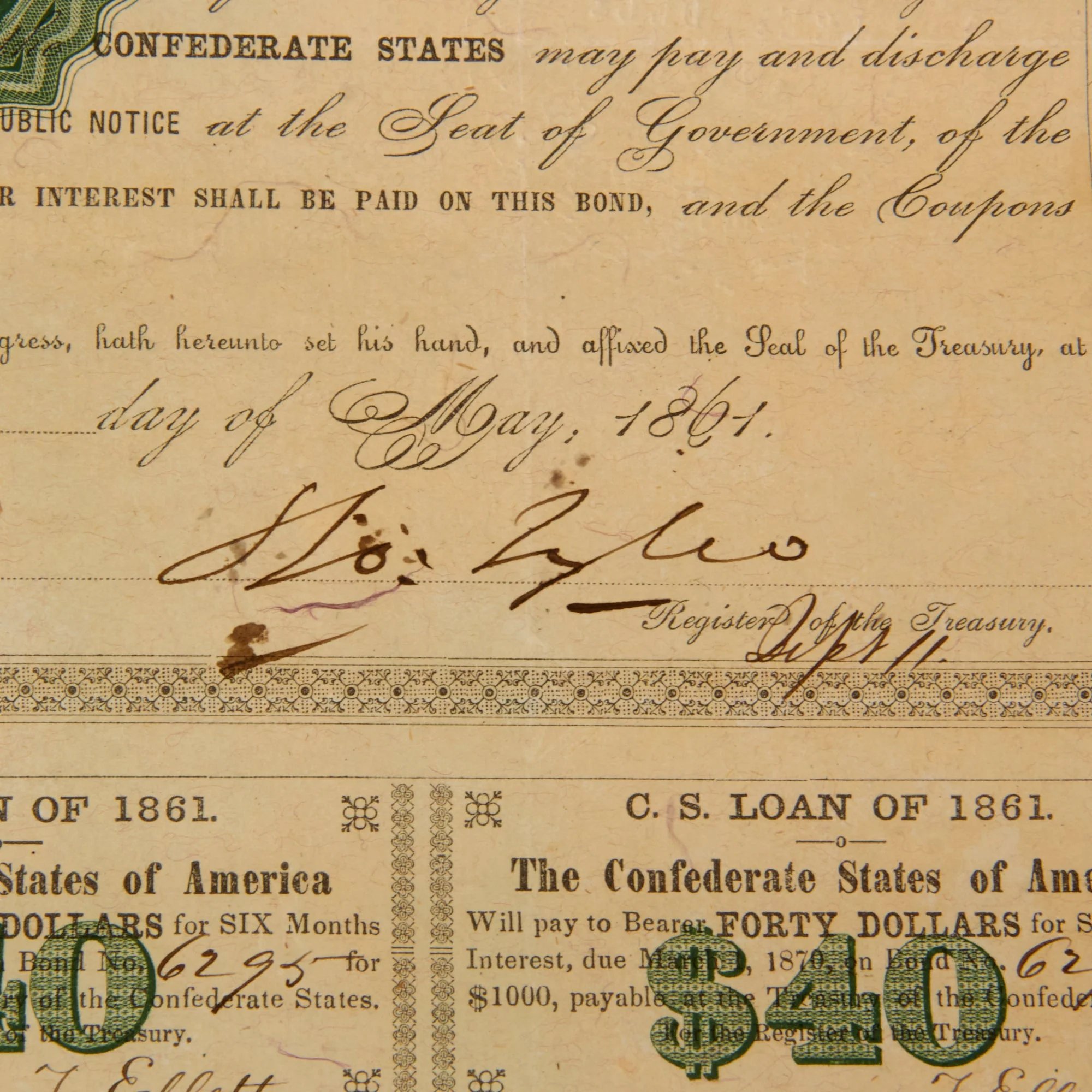 Original U.S. Civil War Confederate States of America $1000 Montgomery Bond Dated May 1861 - 11 ½ x 13 ⅝' — image 2