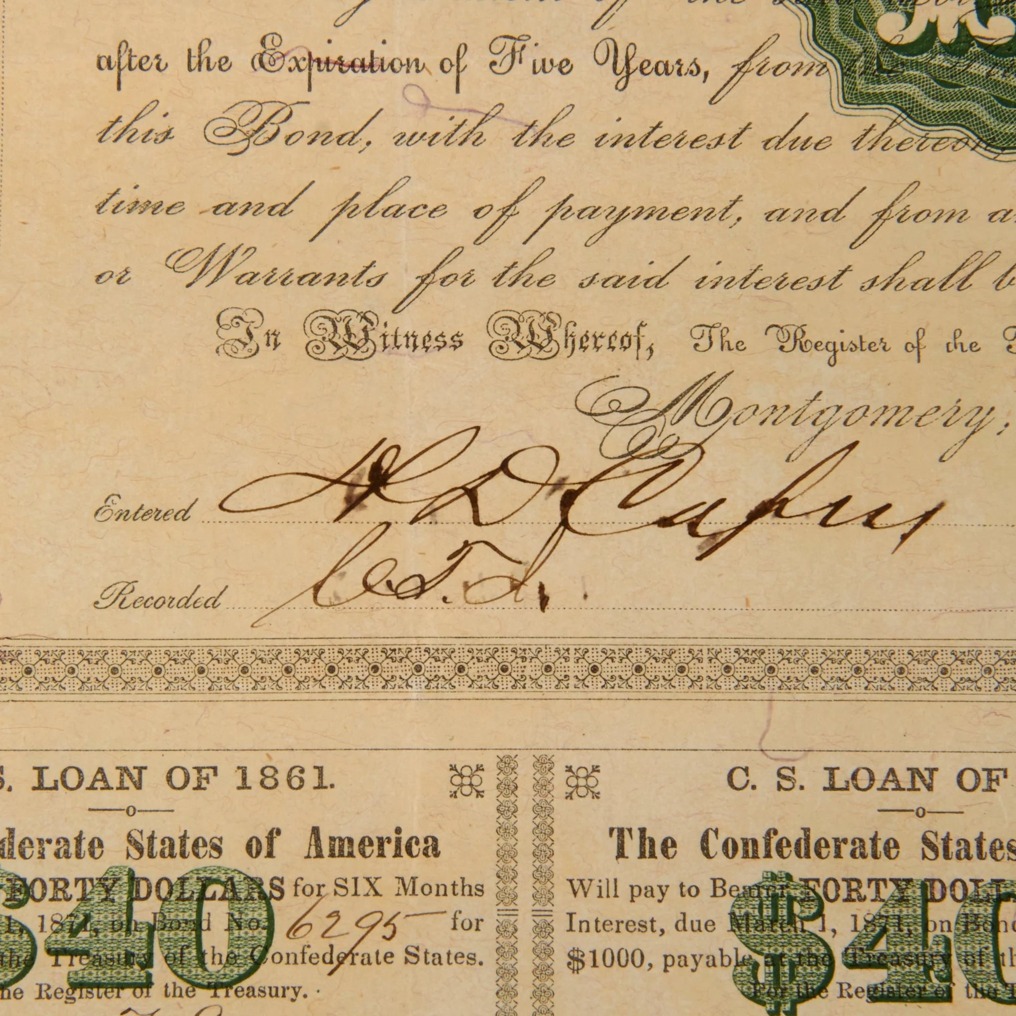 Original U.S. Civil War Confederate States of America $1000 Montgomery Bond Dated May 1861 - 11 ½ x 13 ⅝' — image 3