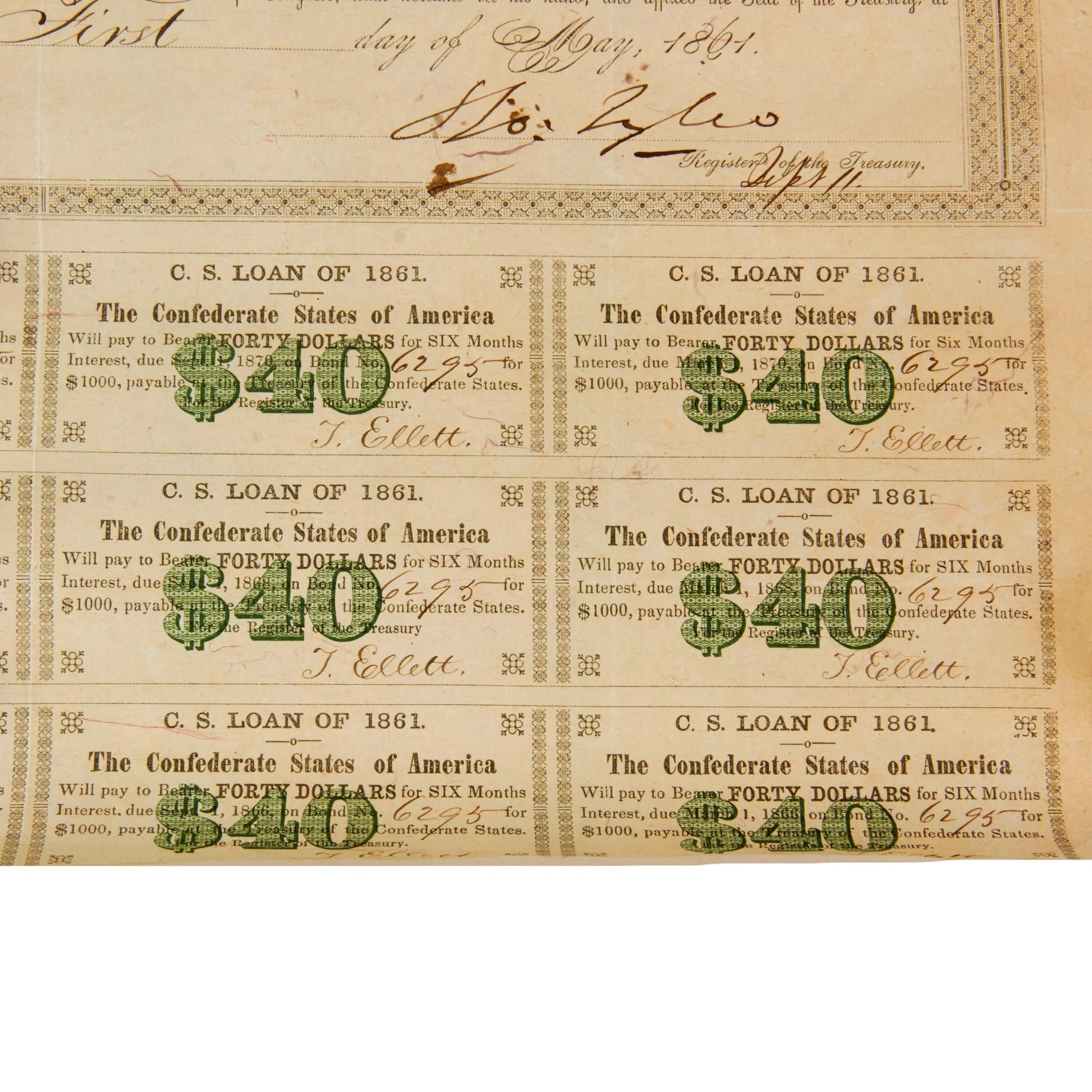 Original U.S. Civil War Confederate States of America $1000 Montgomery Bond Dated May 1861 - 11 ½ x 13 ⅝' — image 5