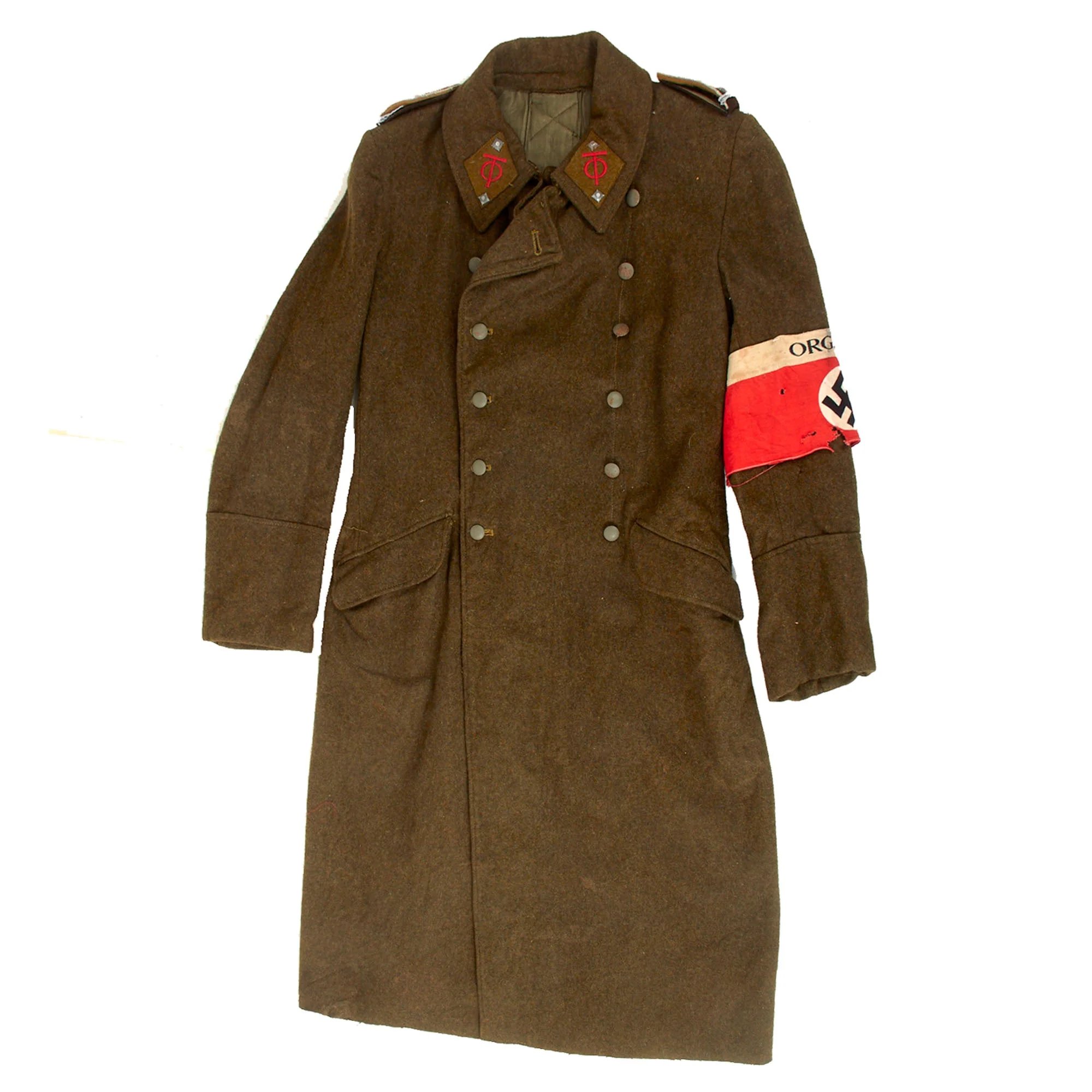 Original German WWII Organisation Todt OT-Obertruppführer NCO Earth Brown Wool Greatcoat with Armband — image 13