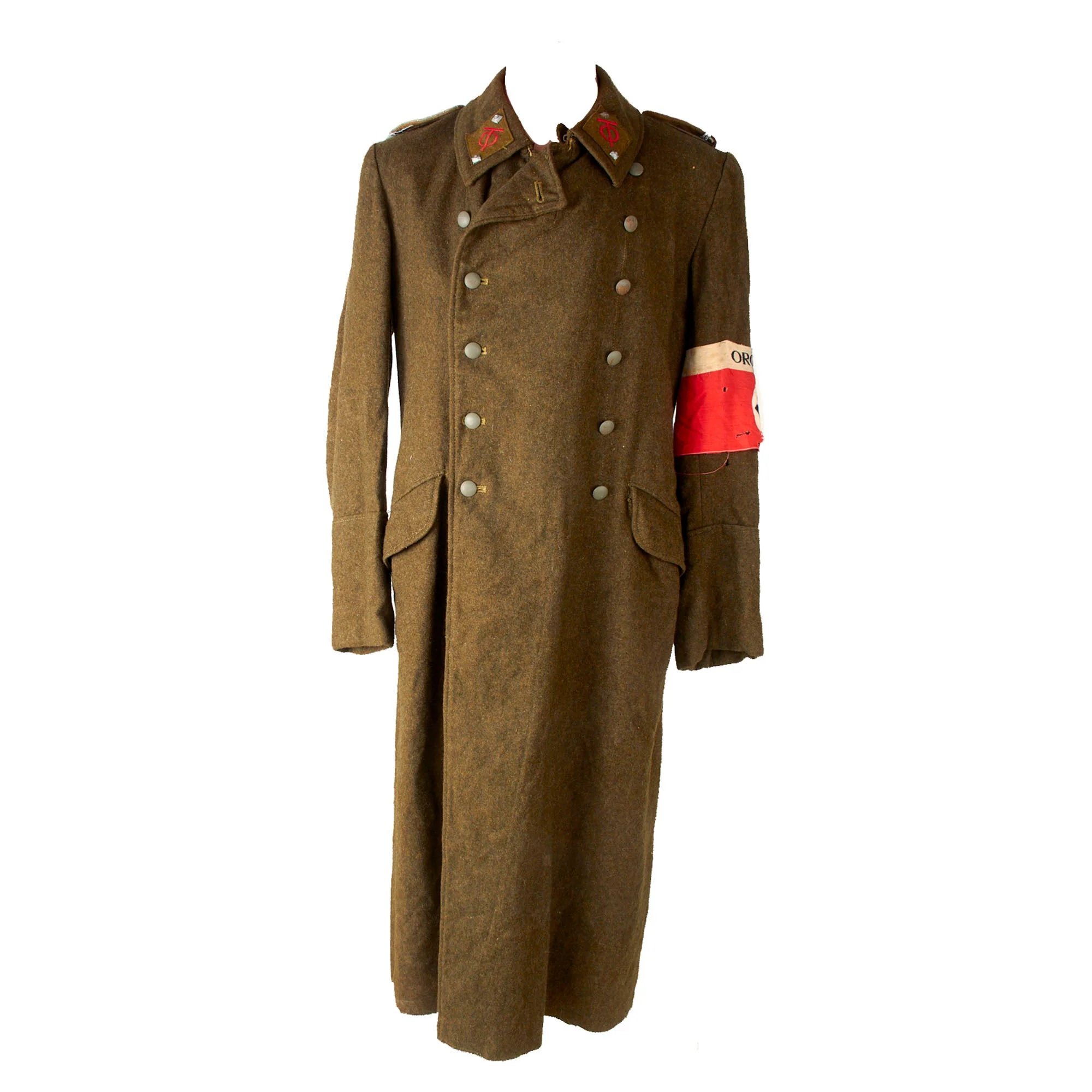 Original German WWII Organisation Todt OT-Obertruppführer NCO Earth Brown Wool Greatcoat with Armband — image 2