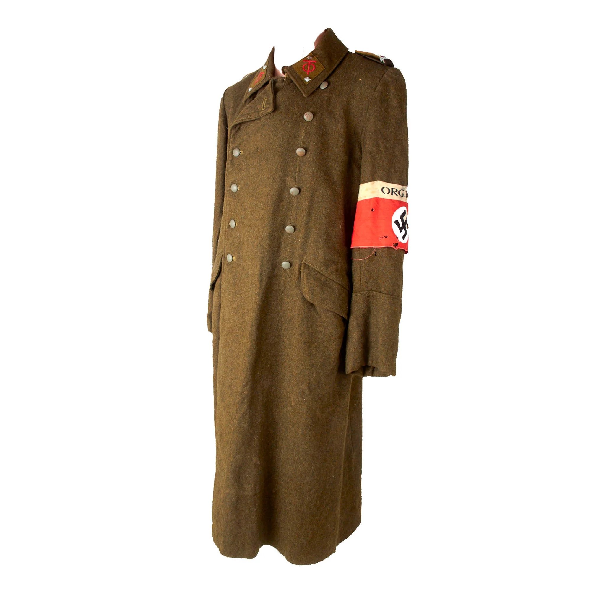 Original German WWII Organisation Todt OT-Obertruppführer NCO Earth Brown Wool Greatcoat with Armband — image 4