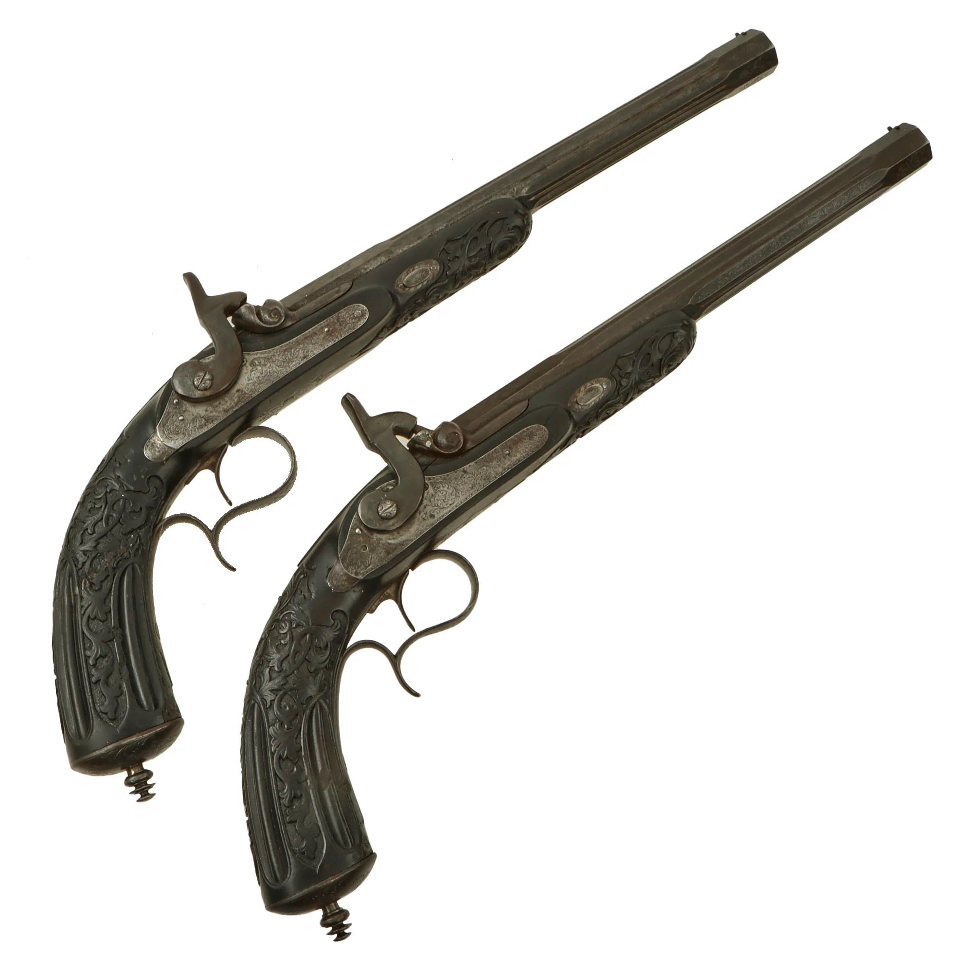 Original French Made Matched Pair of Upmarket Rifled Percussion 'Dueling' Pistols Retailed by Canfield Bros. Baltimore with Carved Stocks - Circa 1850 — image 2