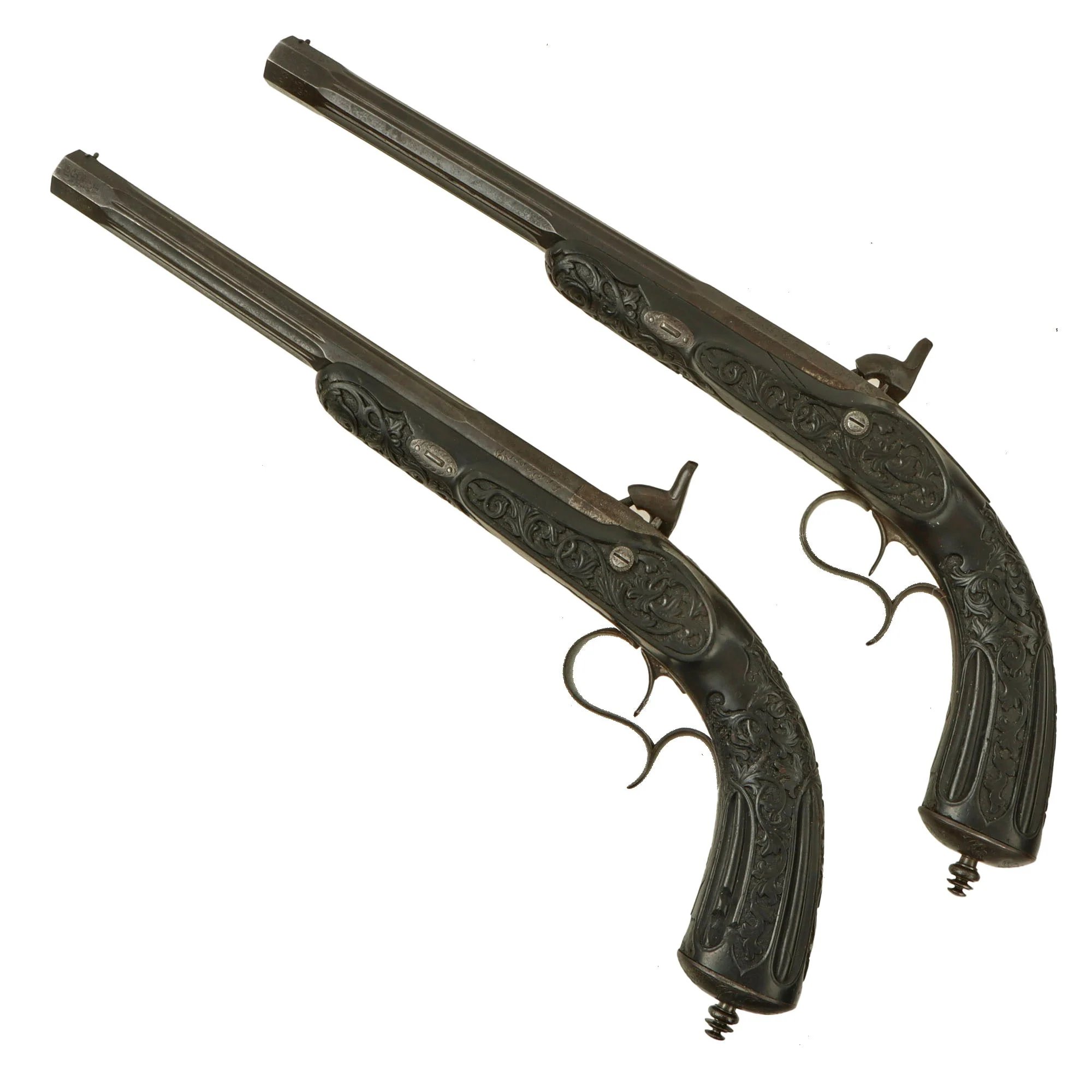 Original French Made Matched Pair of Upmarket Rifled Percussion 'Dueling' Pistols Retailed by Canfield Bros. Baltimore with Carved Stocks - Circa 1850 — image 3