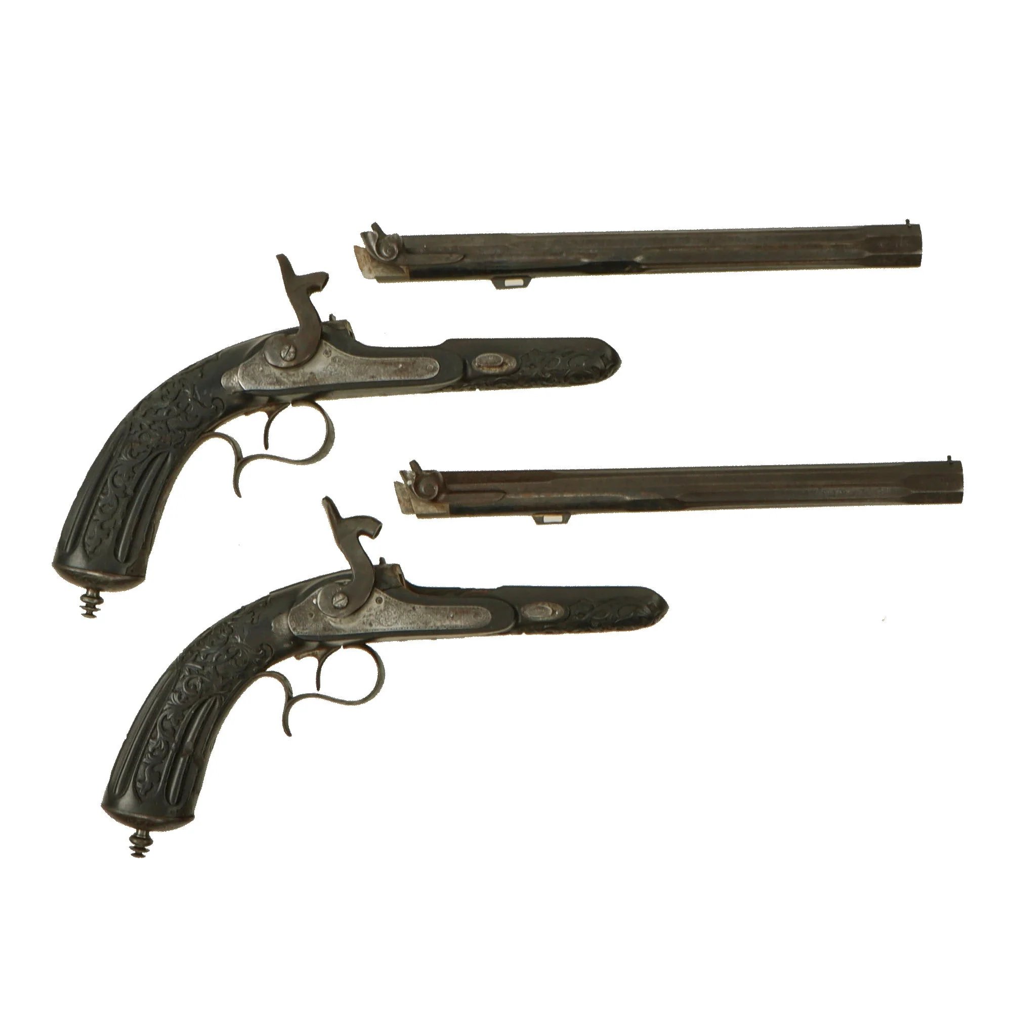 Original French Made Matched Pair of Upmarket Rifled Percussion 'Dueling' Pistols Retailed by Canfield Bros. Baltimore with Carved Stocks - Circa 1850 — image 6