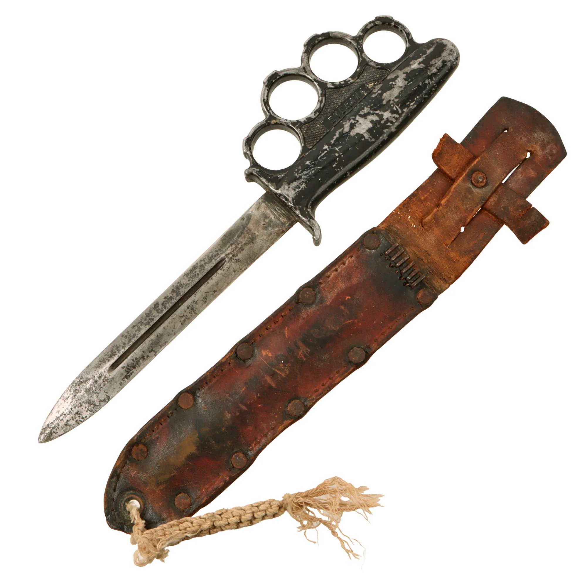 Original Rare U.S. WWII Everitt Black Handle Knuckle Fighting Knife with Scabbard - Named 'Warren Shanks' — image 2