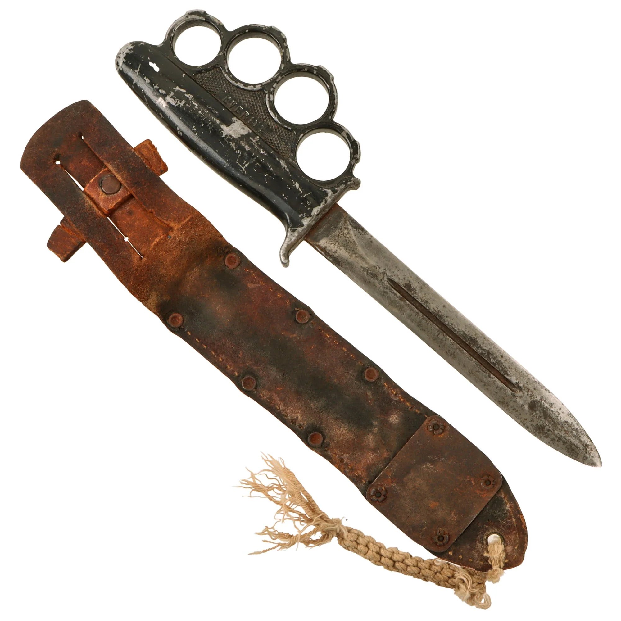 Original Rare U.S. WWII Everitt Black Handle Knuckle Fighting Knife with Scabbard - Named 'Warren Shanks' — image 3