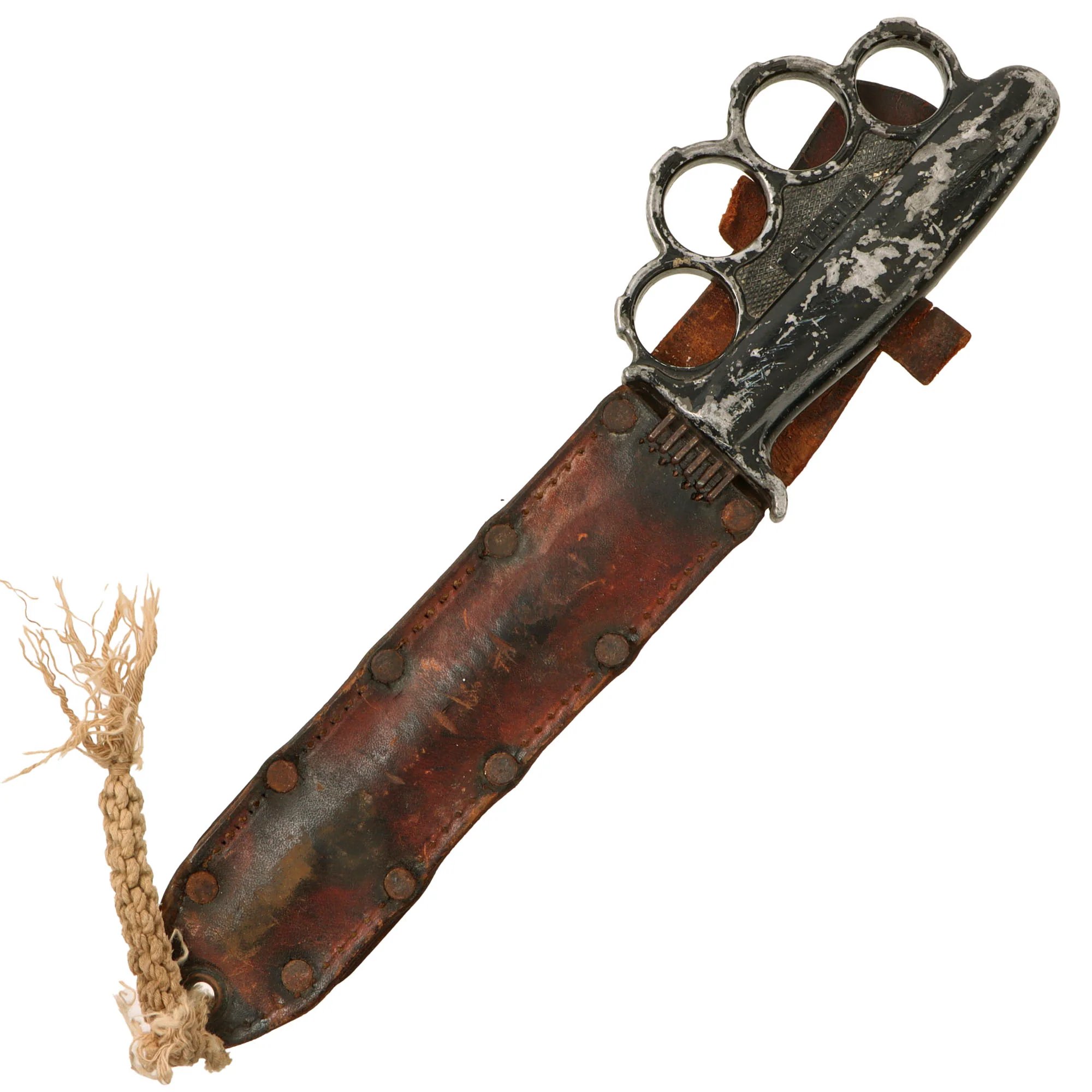 Original Rare U.S. WWII Everitt Black Handle Knuckle Fighting Knife with Scabbard - Named 'Warren Shanks' — image 4