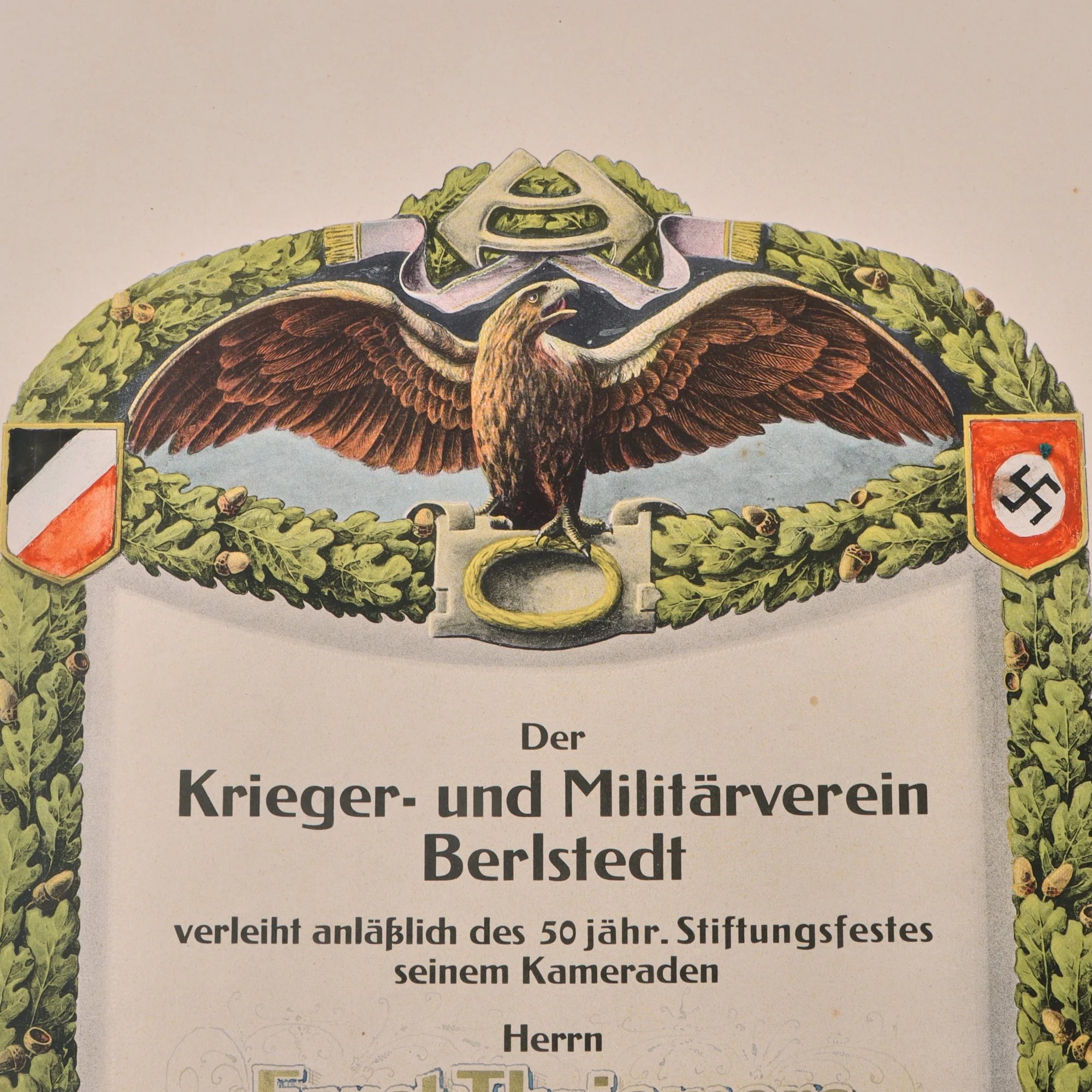 Original German Pre-WWII Berlstedt Veterans and Military Association 50th Anniversary Honor Certificate - Ernst Thriemers - 12 ⅝ x 19' — image 6