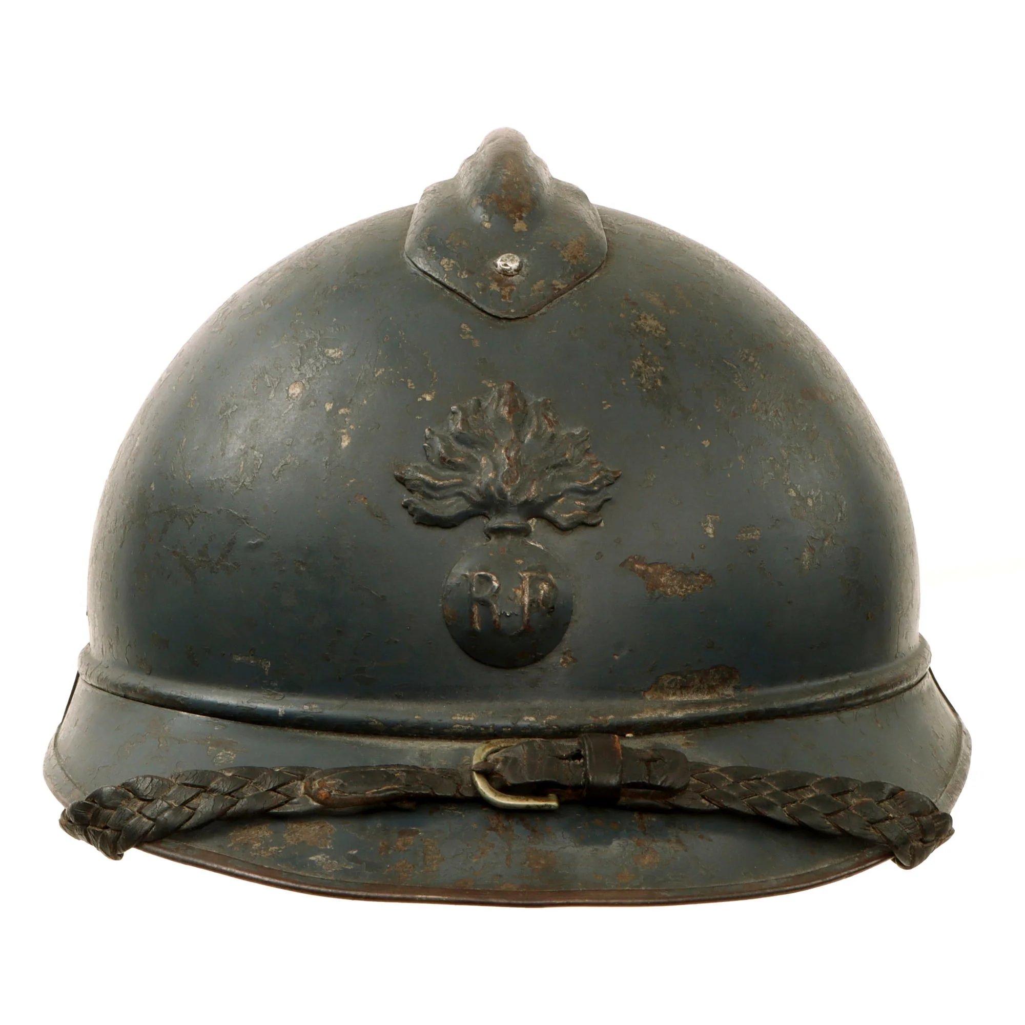 Original French WWI Officer's M1915 Adrian Infantry Helmet with 1st Pattern Liner and Fantastic Braided Officer's Leather Chinstrap - Rare Large Size — image 12