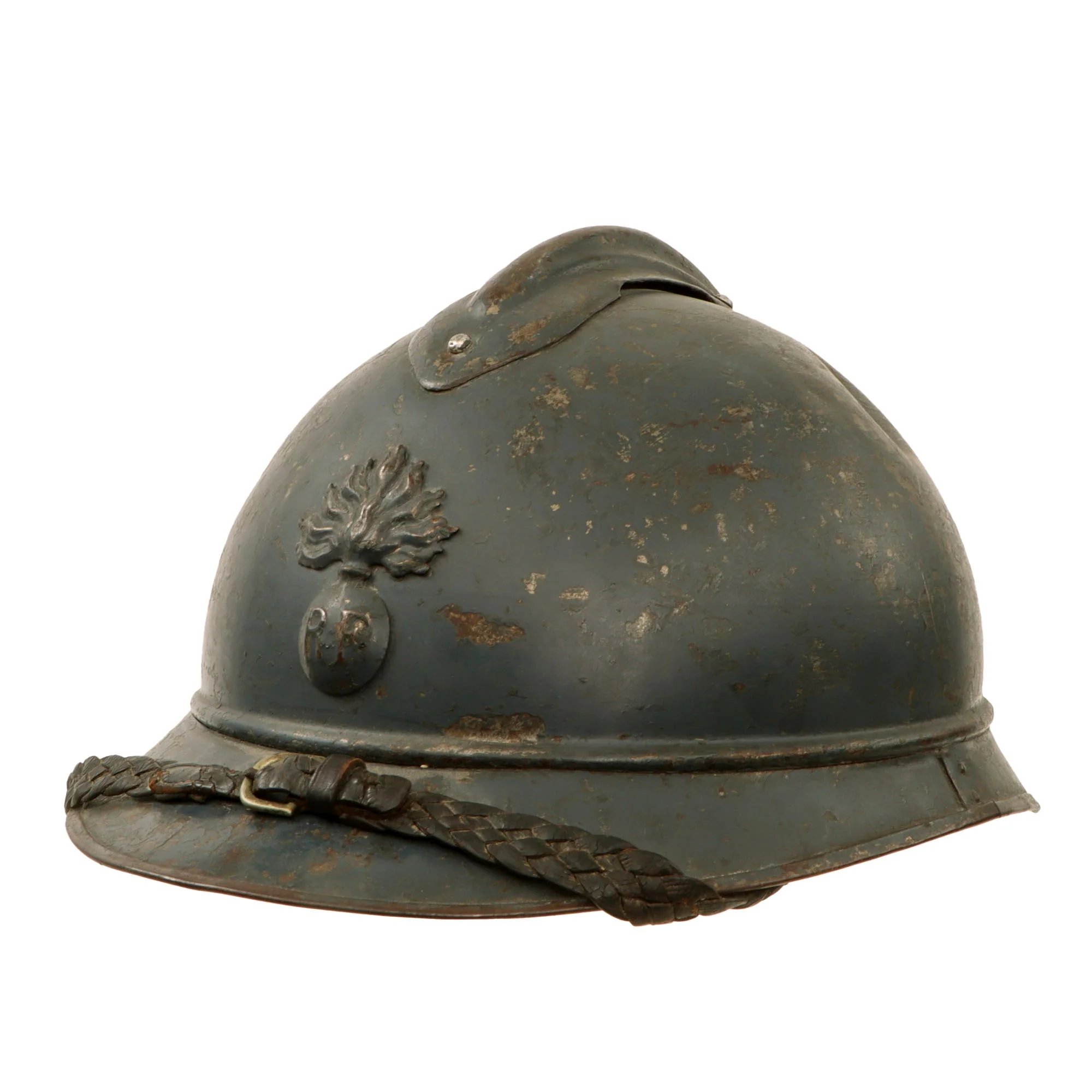 Original French WWI Officer's M1915 Adrian Infantry Helmet with 1st Pattern Liner and Fantastic Braided Officer's Leather Chinstrap - Rare Large Size — image 2