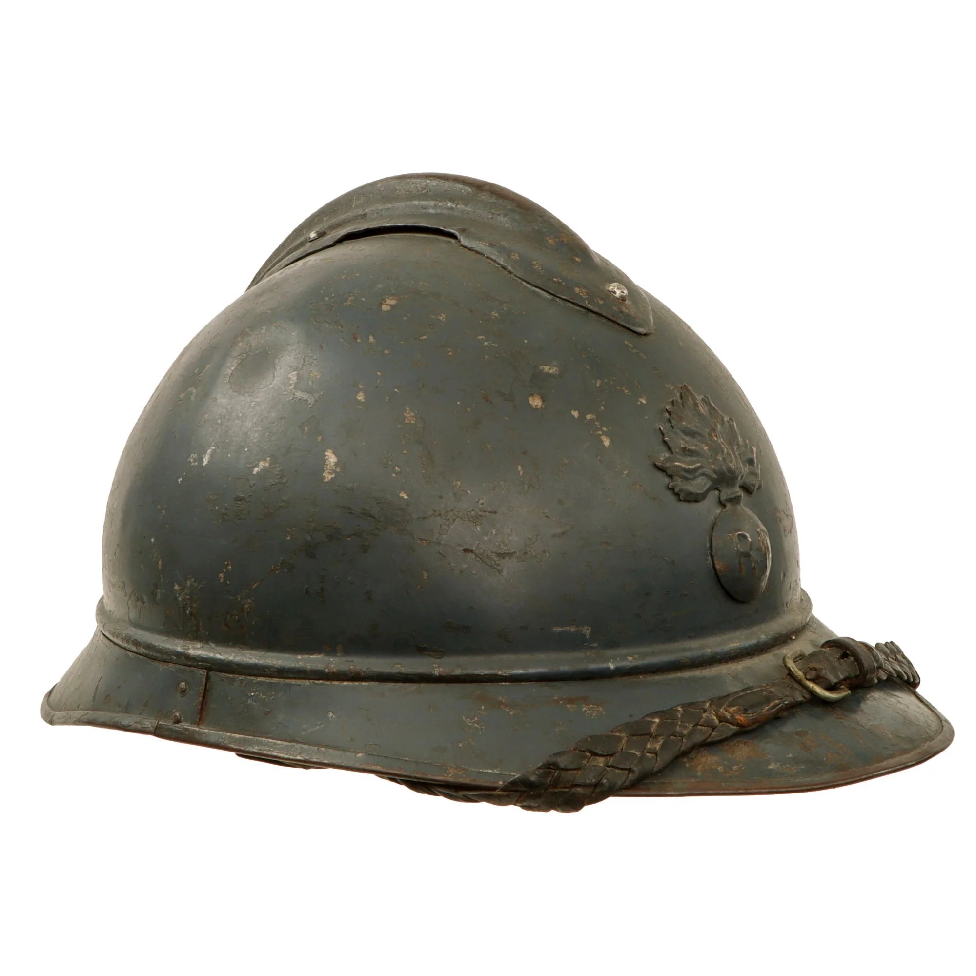 Original French WWI Officer's M1915 Adrian Infantry Helmet with 1st Pattern Liner and Fantastic Braided Officer's Leather Chinstrap - Rare Large Size — image 3