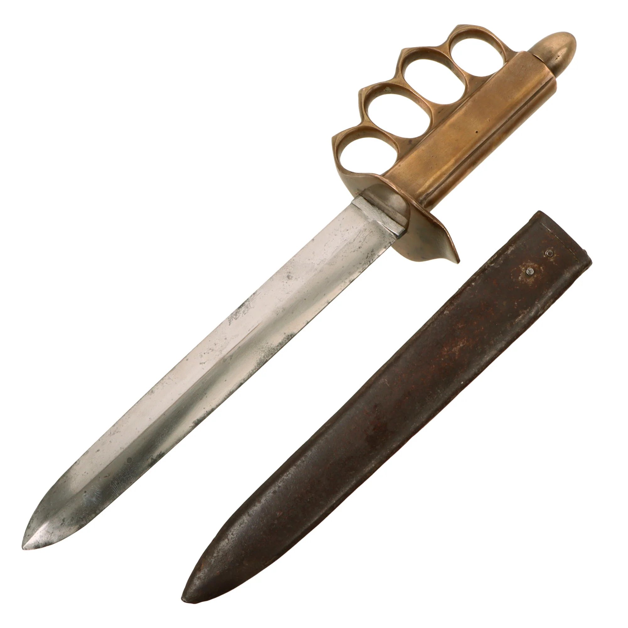 Original U.S. WWII Italian-Made M1918 Trench Knife Style Brass Knuckle Trench Knife with Blade Similar to M.V.S.N. Fighting Dagger & Recycled WWI Austro-Hungarian WWI Trench Knife Scabbard — image 2