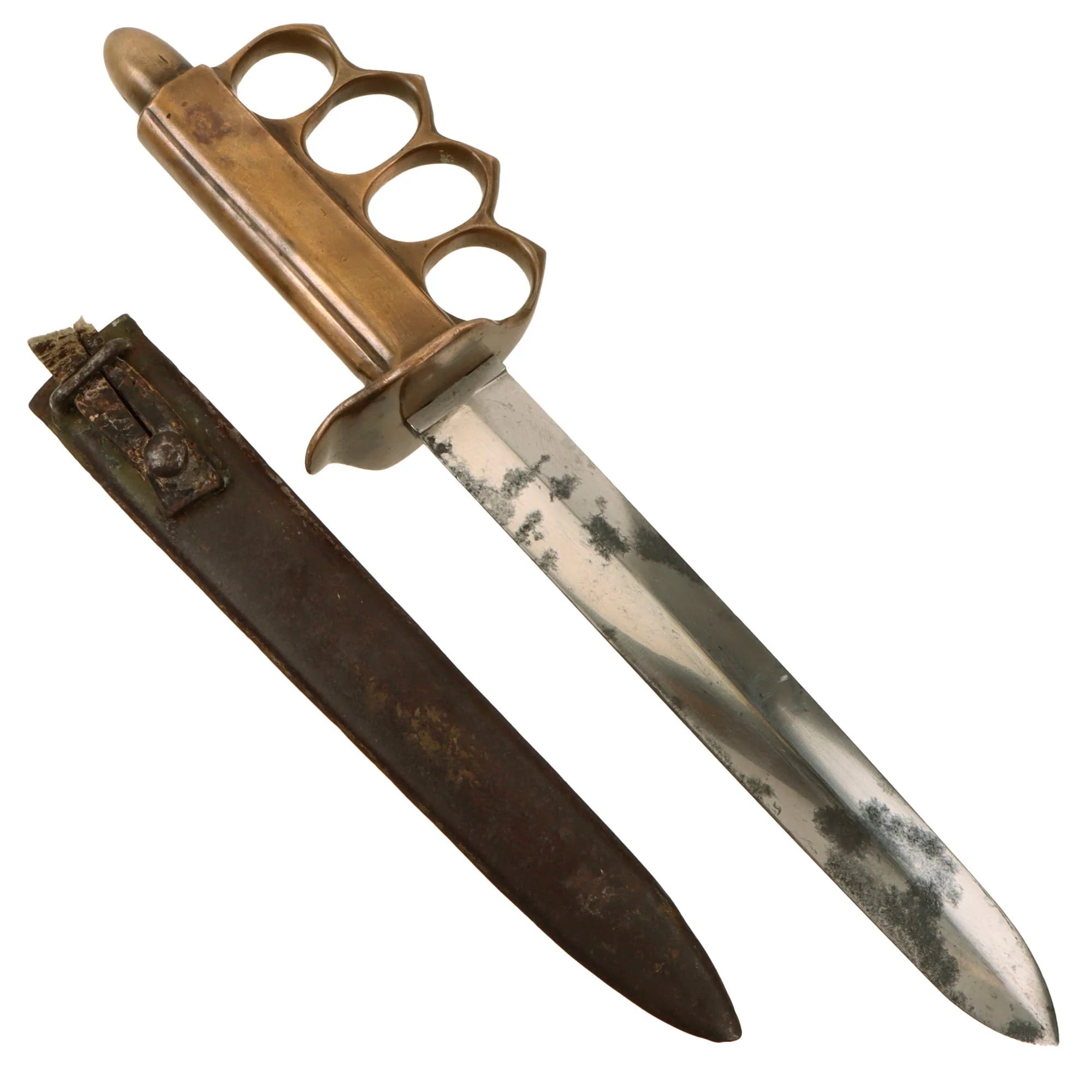 Original U.S. WWII Italian-Made M1918 Trench Knife Style Brass Knuckle Trench Knife with Blade Similar to M.V.S.N. Fighting Dagger & Recycled WWI Austro-Hungarian WWI Trench Knife Scabbard — image 3