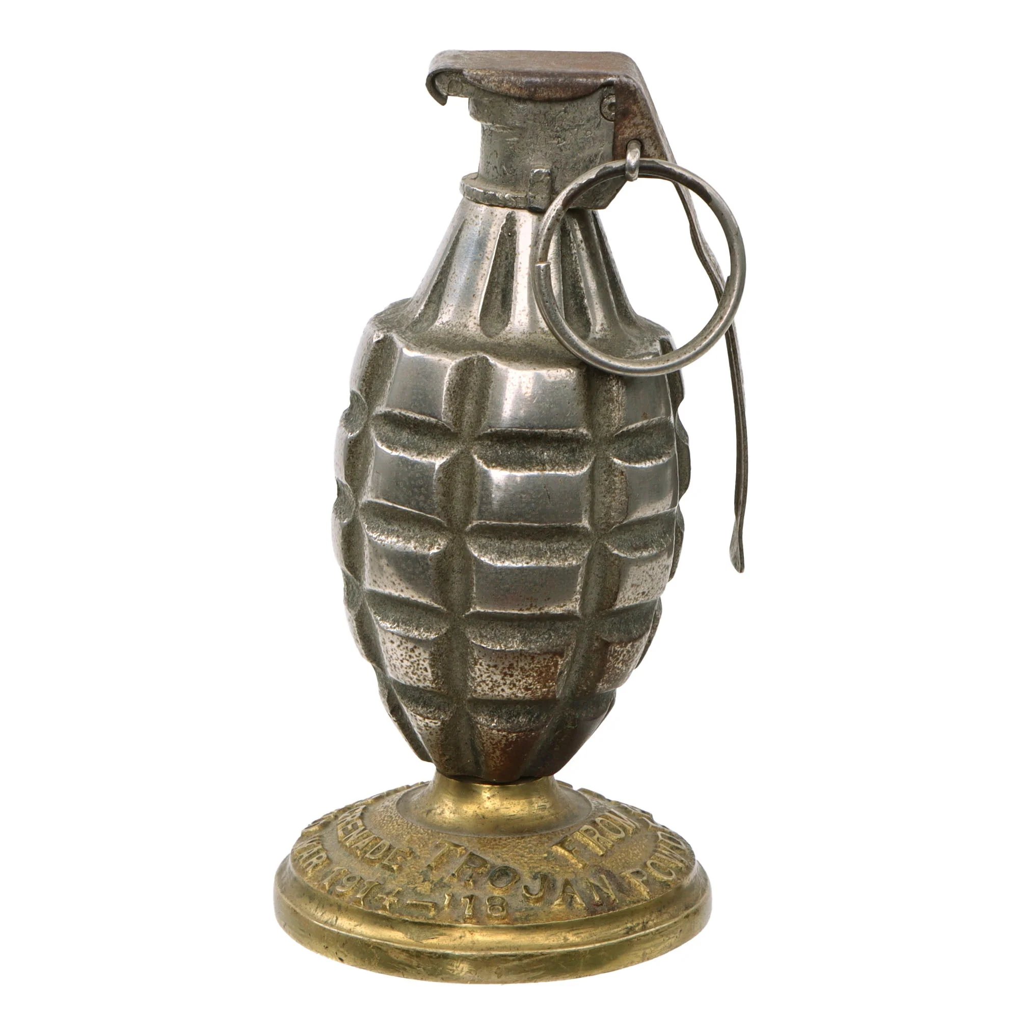 Original U.S. WWI Inert Early Mk. II Grenade with Cutback Fuze on Base Commemorating the Wartime Production Effort of the Trojan Powder Company — image 2