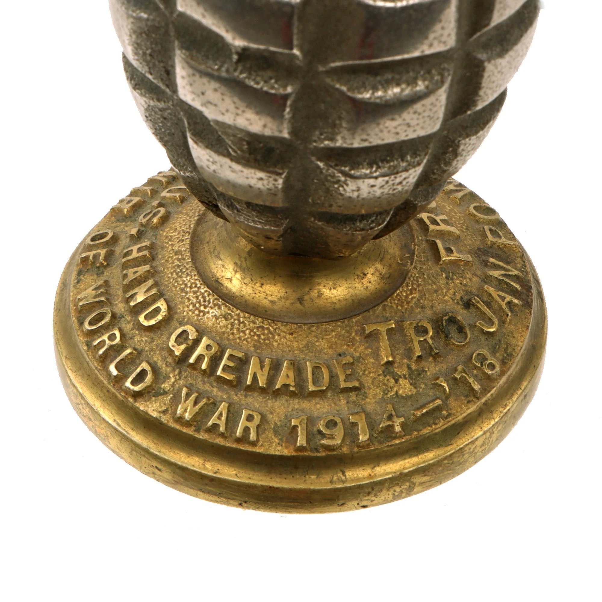 Original U.S. WWI Inert Early Mk. II Grenade with Cutback Fuze on Base Commemorating the Wartime Production Effort of the Trojan Powder Company — image 3
