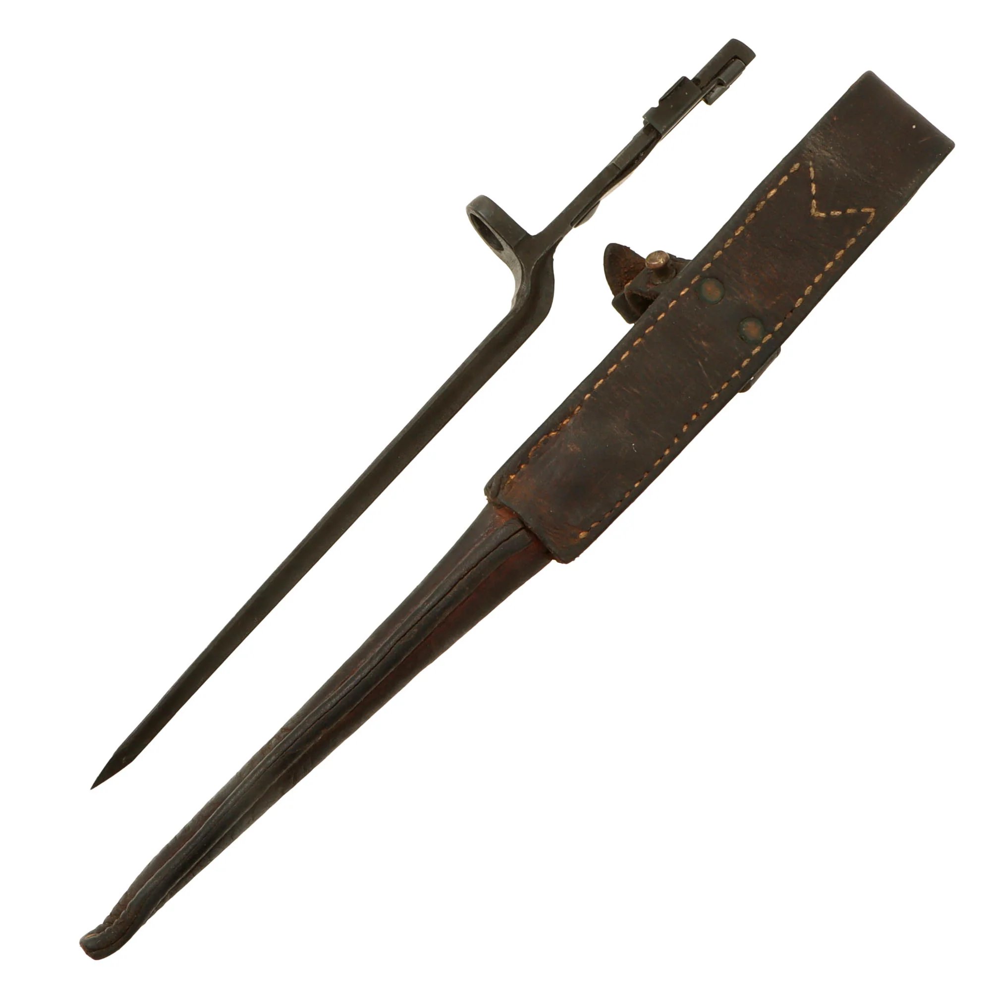 Original U.S. WWII Rare M1941 Johnson Rifle Spike Bayonet with Leather Scabbard — image 2
