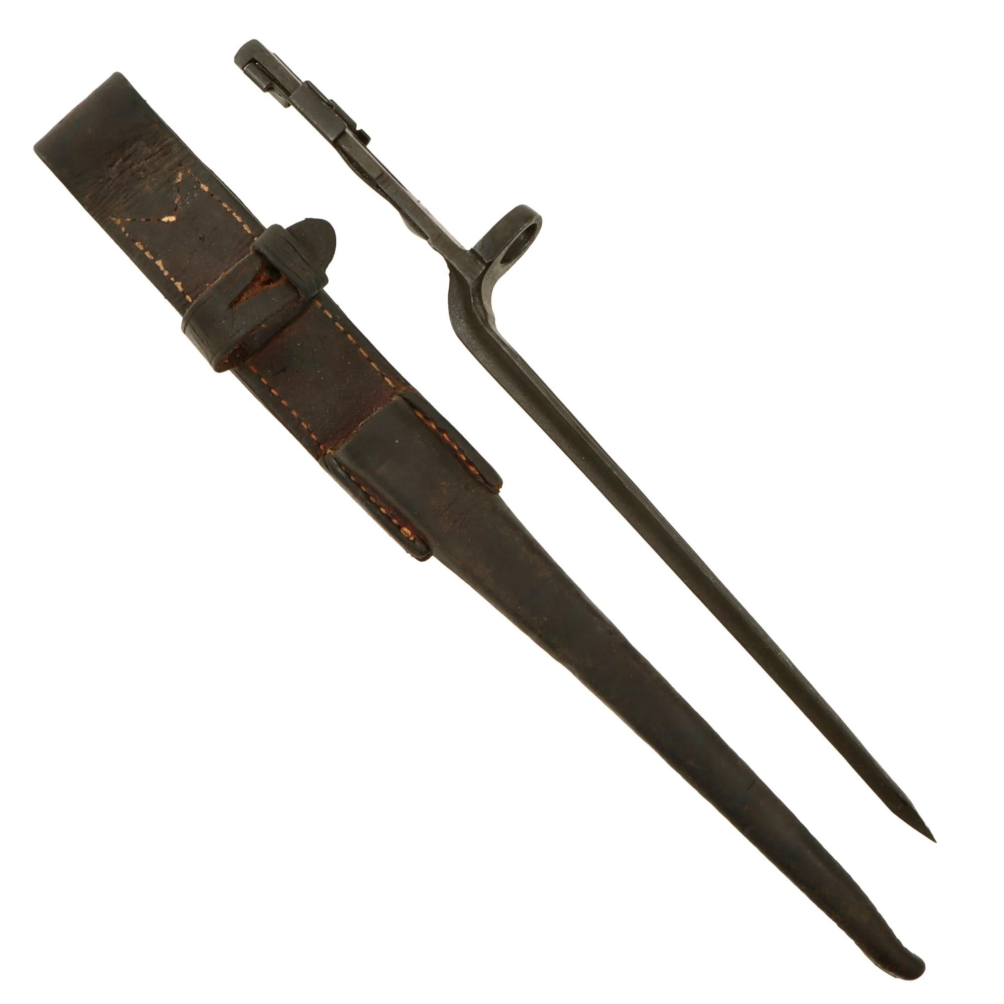 Original U.S. WWII Rare M1941 Johnson Rifle Spike Bayonet with Leather Scabbard — image 3